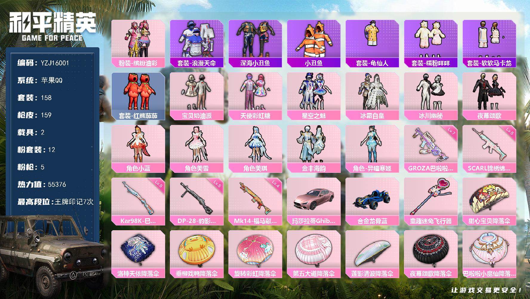 和平精英账号苹果QQYZJ16001-可二次-苹果Q-1稀有2载具12粉装5特效枪14热门【精品公主号 多款优质热门粉装
