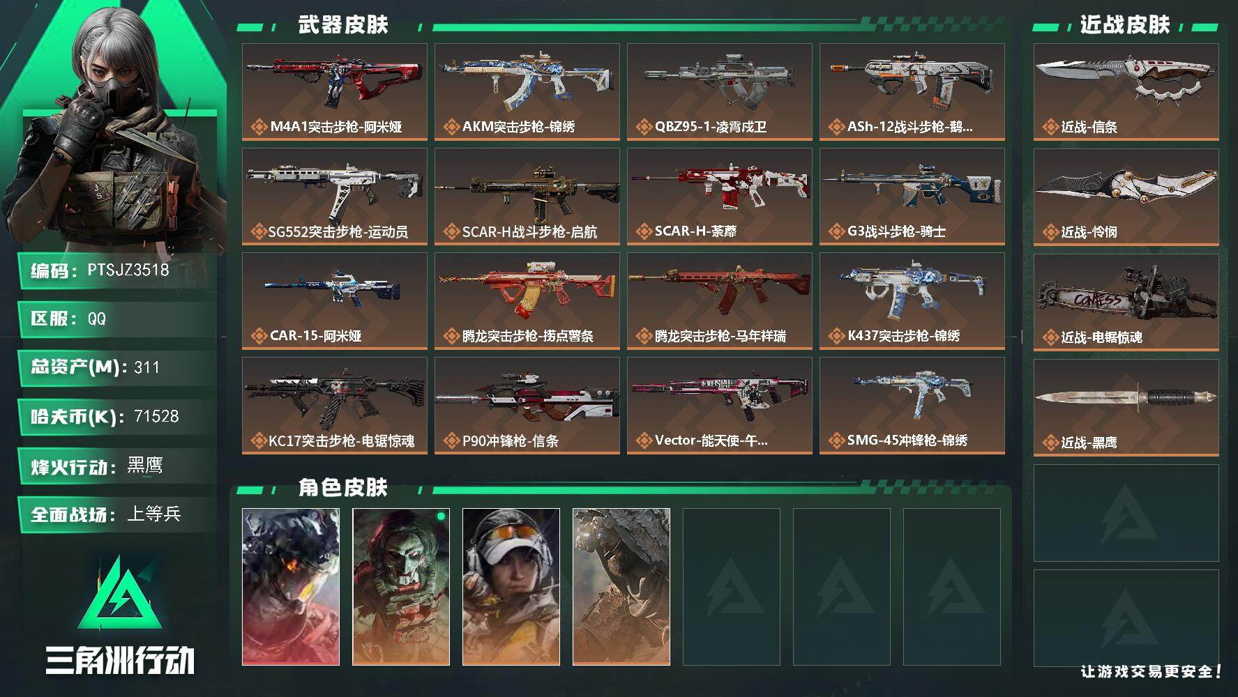 三角洲行动账号QQ【PTSJZ3518】总资产(M)：311M/哈夫币(K)：71528K/哈夫币(K)：71528K