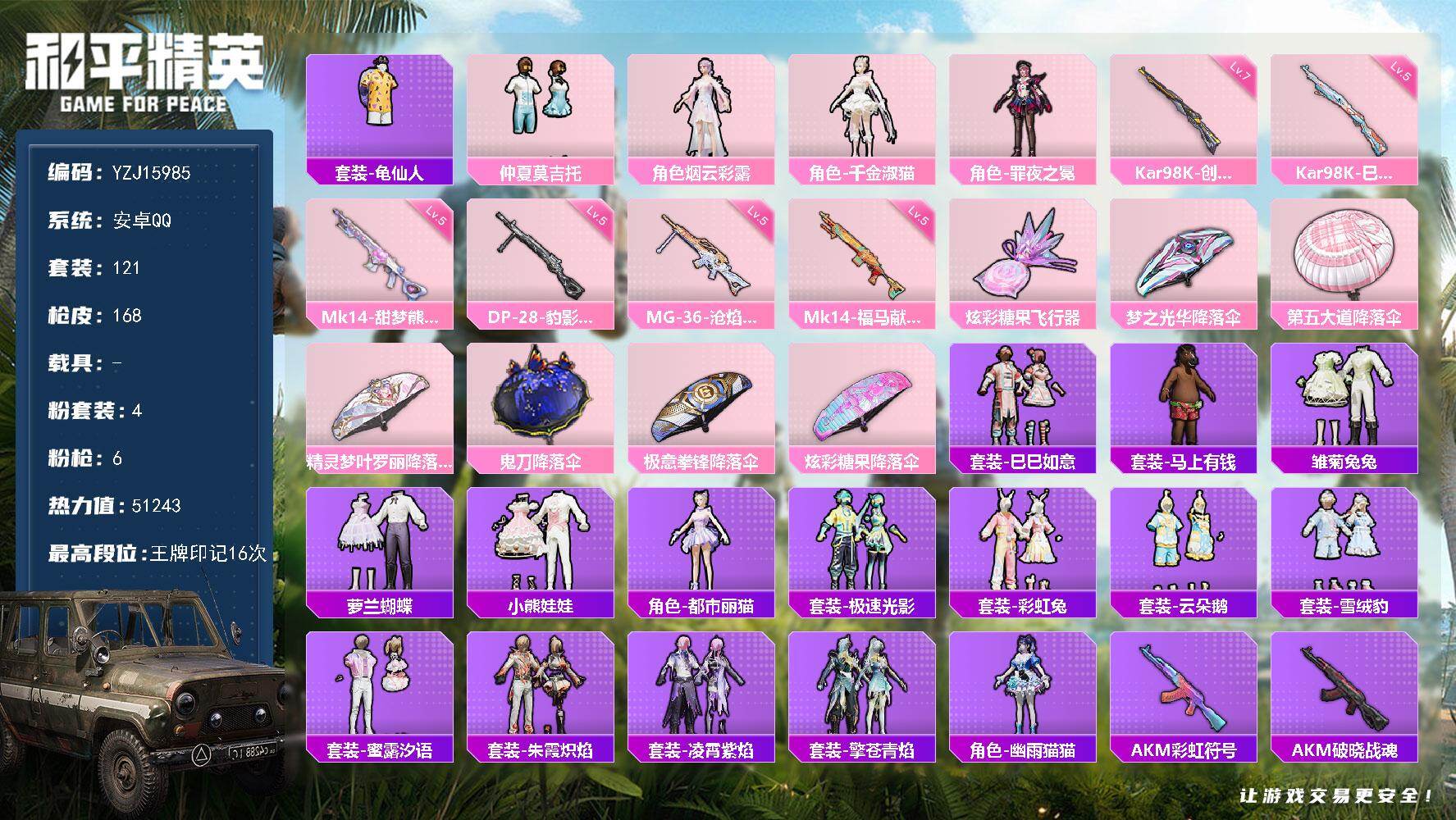和平精英账号安卓QQYZJ15985 可二次 安卓Q-4粉装6特效枪4热门 小女号 淑猫 泳衣 丽猫 保护者 121套装