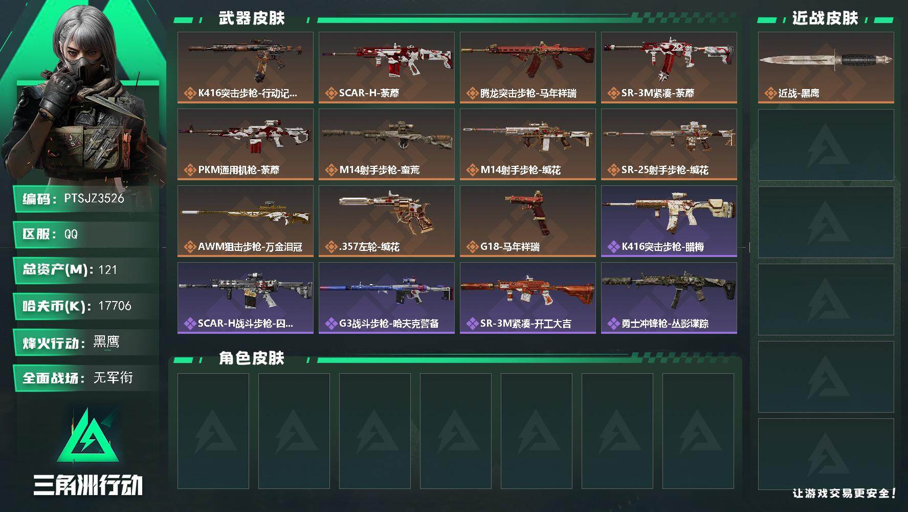 三角洲行动账号QQ【PTSJZ3526】总资产(M)：121M/哈夫币(K)：17706K/哈夫币(K)：17706K