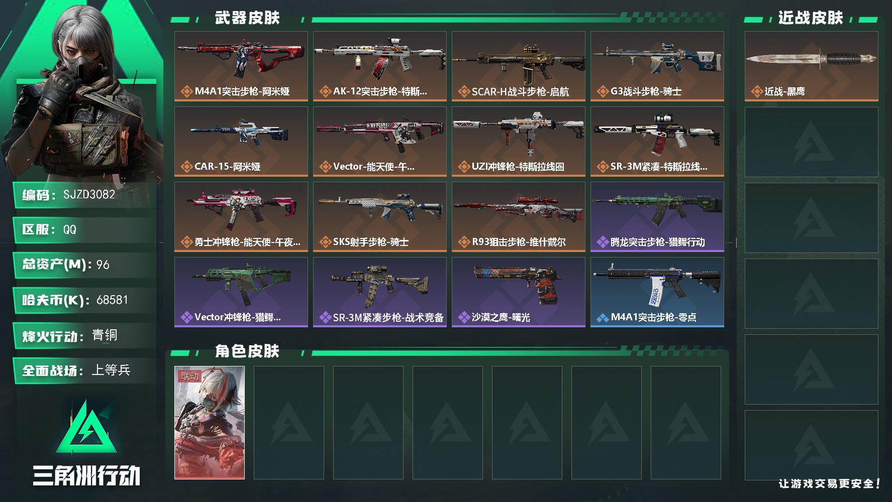 三角洲行动账号QQ【便宜超级性价比号】96m总资产-68581k哈夫币-40烽火等级-青铜-18战场等级-上等兵
【干