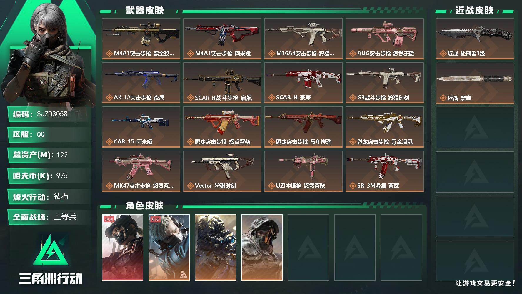 三角洲行动账号QQ【SJZD3058】总资产(M)：122M/哈夫币(K)：975K/哈夫币(K)：975K/传说枪皮