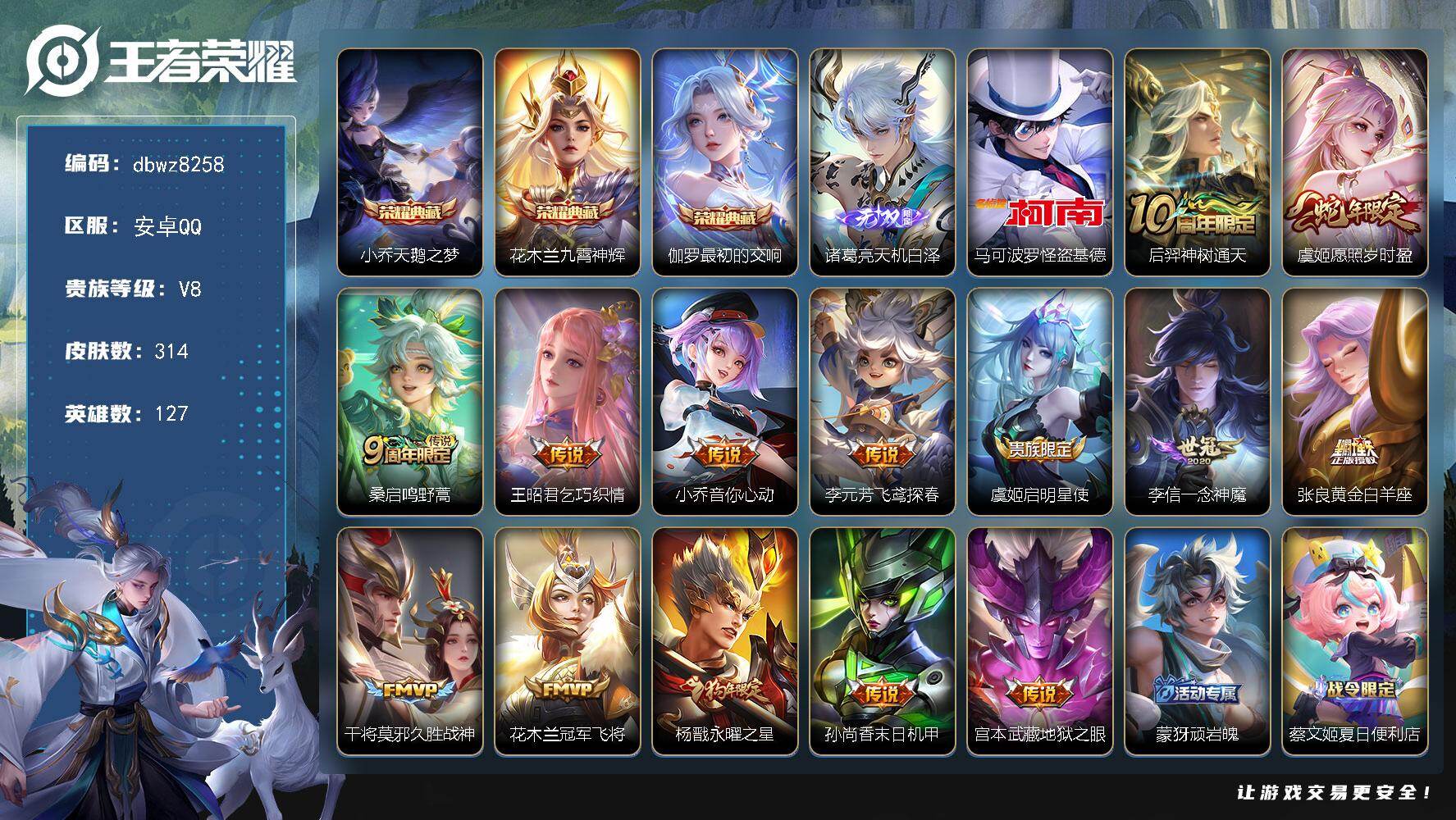 王者荣耀账号安卓QQ安卓Q-V8-最强王者段位-127英雄-314皮肤-3典藏皮肤-1无双-1珍品传说-14传说-95史