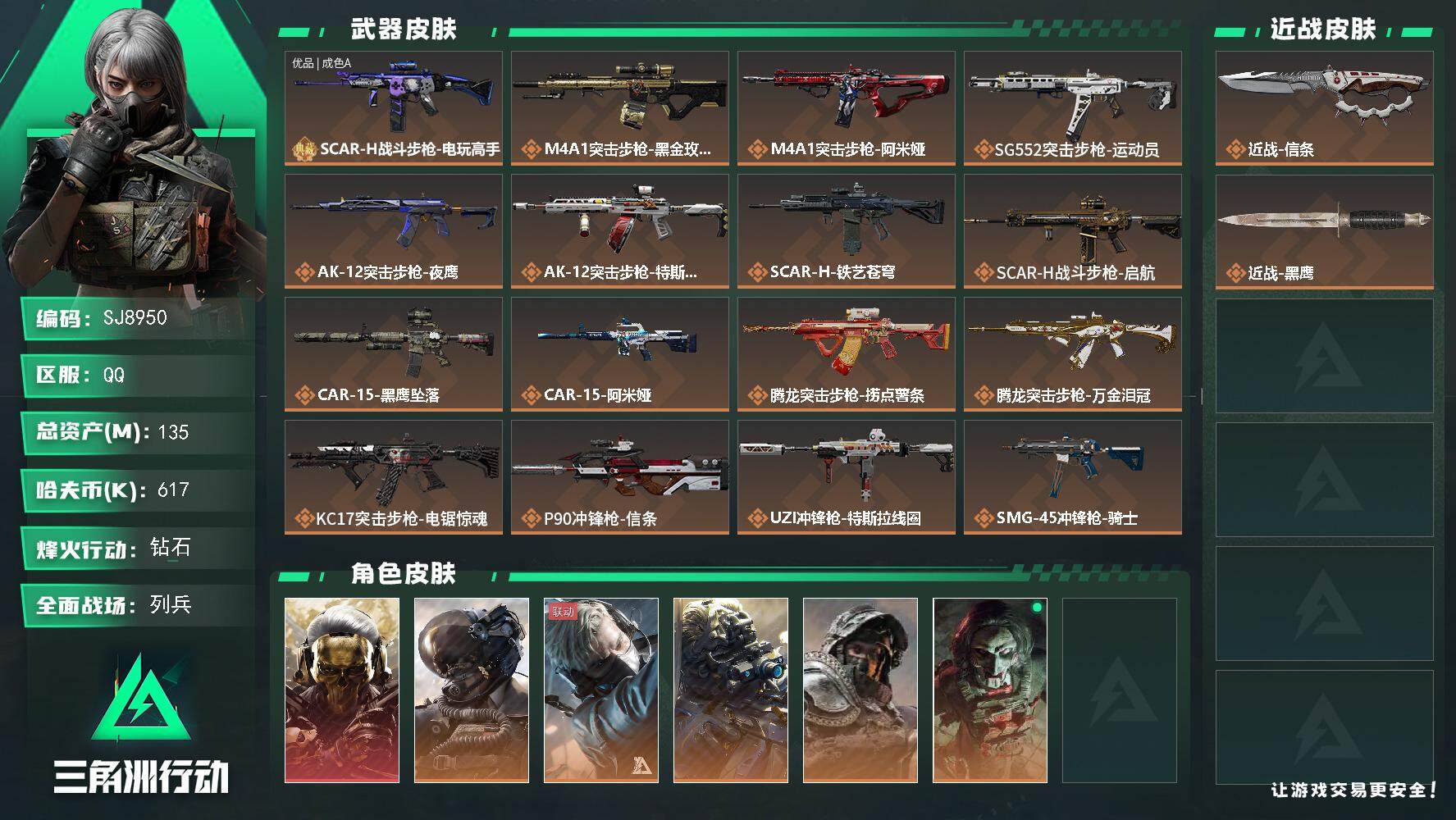 三角洲行动账号QQ【SJ8950】总资产(M)：135M/哈夫币(K)：617K/哈夫币(K)：617K/传说枪皮数：