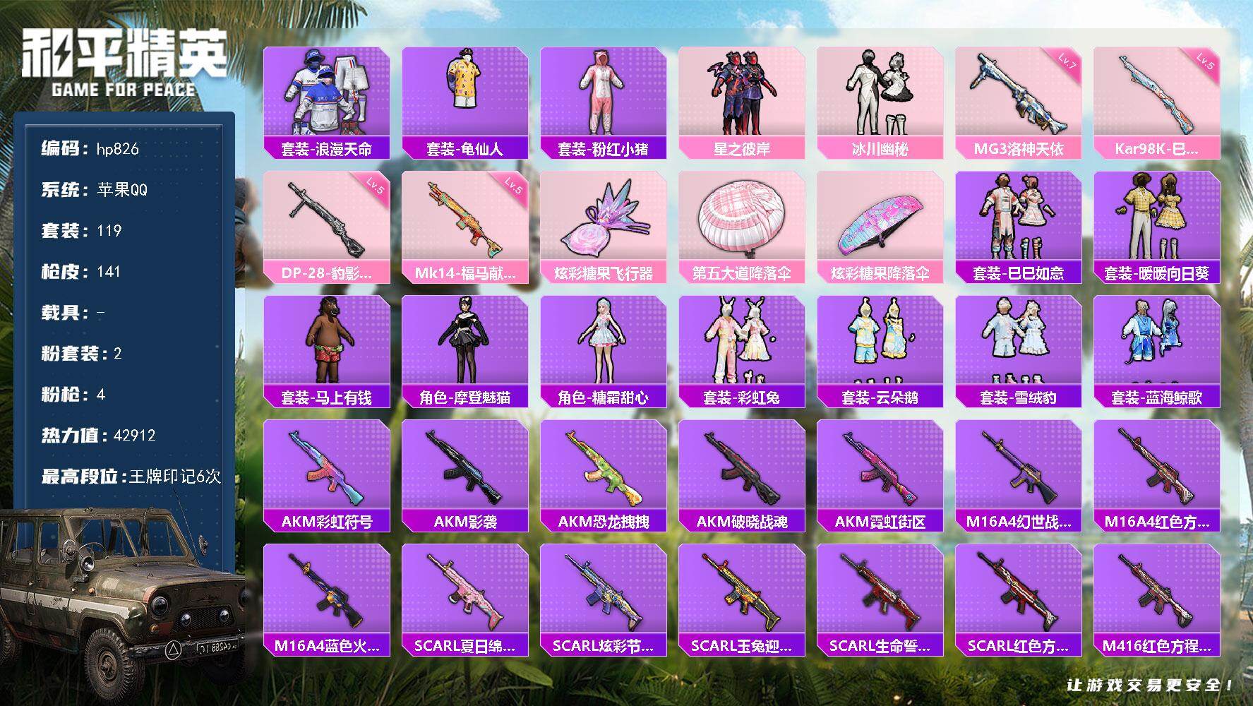 和平精英账号苹果QQ0载具-119套装-141枪皮-苹果 手Q-2粉装-4特效枪-0载具-1粉色飞行器-42912热力值