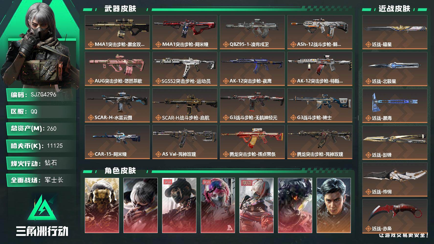 三角洲行动账号QQ【SJZG4296】总资产(M)：260M/哈夫币(K)：11125K/哈夫币(K)：11125K/