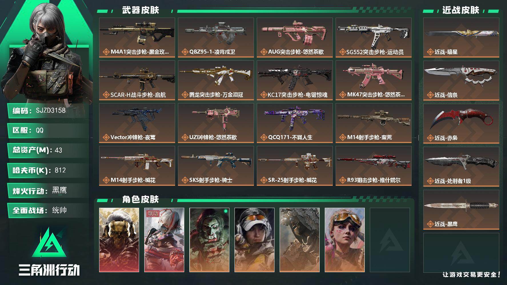 三角洲行动账号QQ【SJZD3158】总资产(M)：43M/哈夫币(K)：812K/哈夫币(K)：812K/传说枪皮数