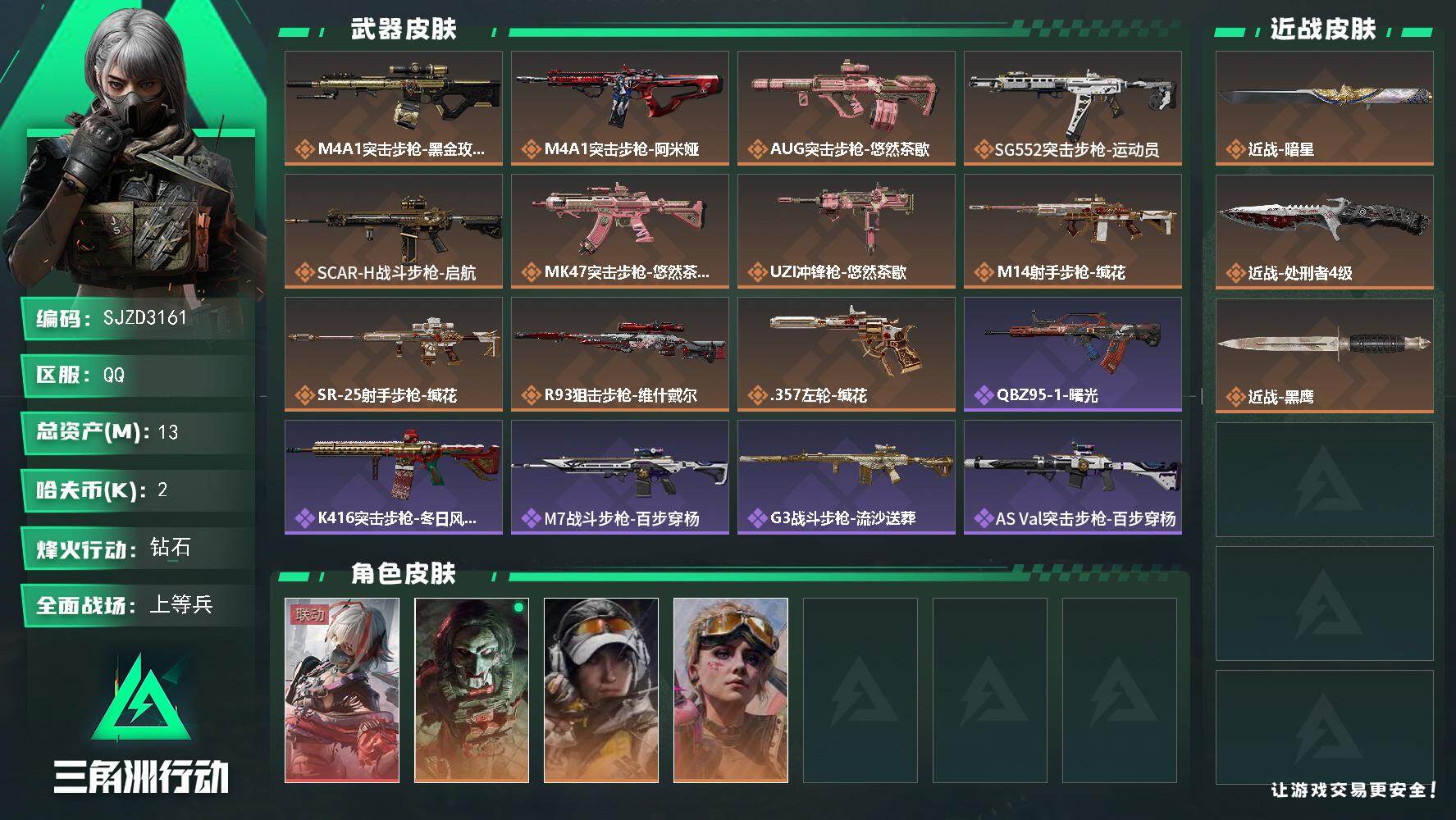 三角洲行动账号QQ【SJZD3161】总资产(M)：13M/哈夫币(K)：2K/哈夫币(K)：2K/传说枪皮数：11/