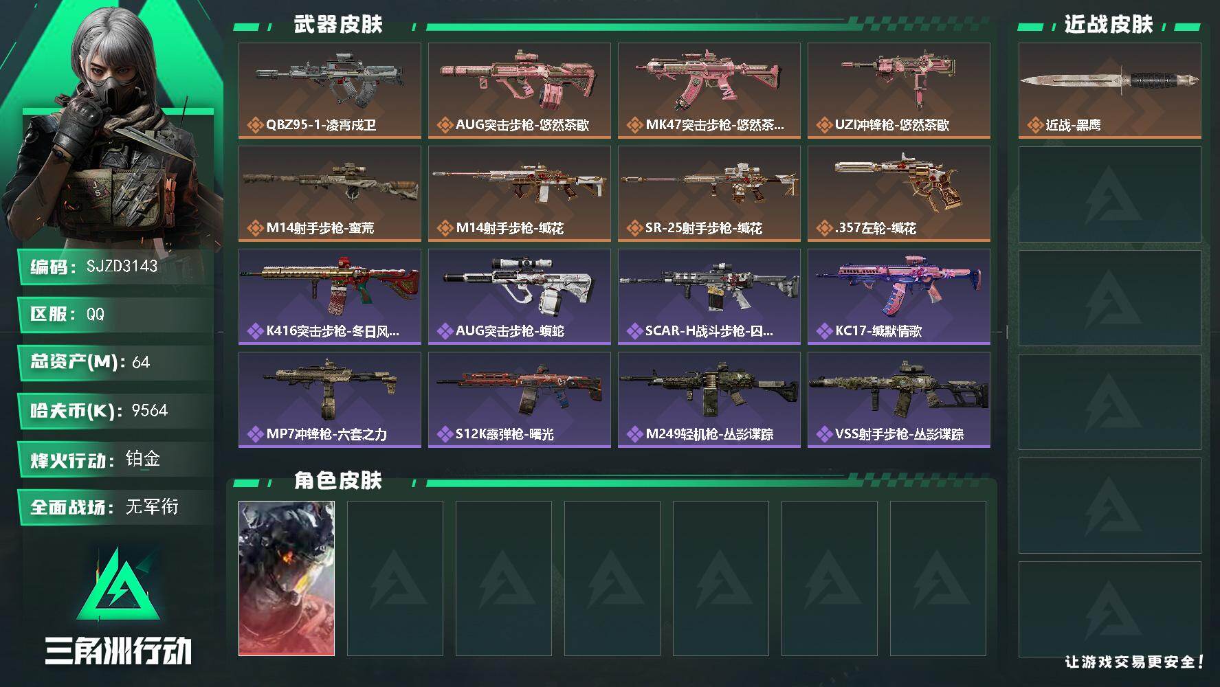 三角洲行动账号QQ【SJZD3143】总资产(M)：64M/哈夫币(K)：9564K/哈夫币(K)：9564K/传说枪