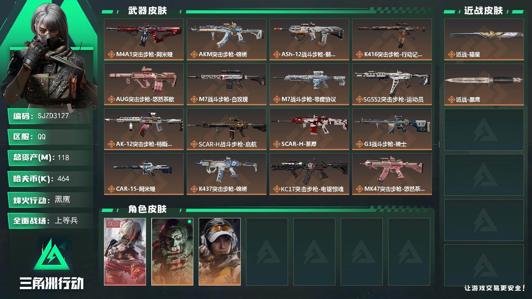 三角洲行动账号QQ【SJZD3127】总资产(M)：118M/哈夫币(K)：464K/哈夫币(K)：464K/传说枪皮