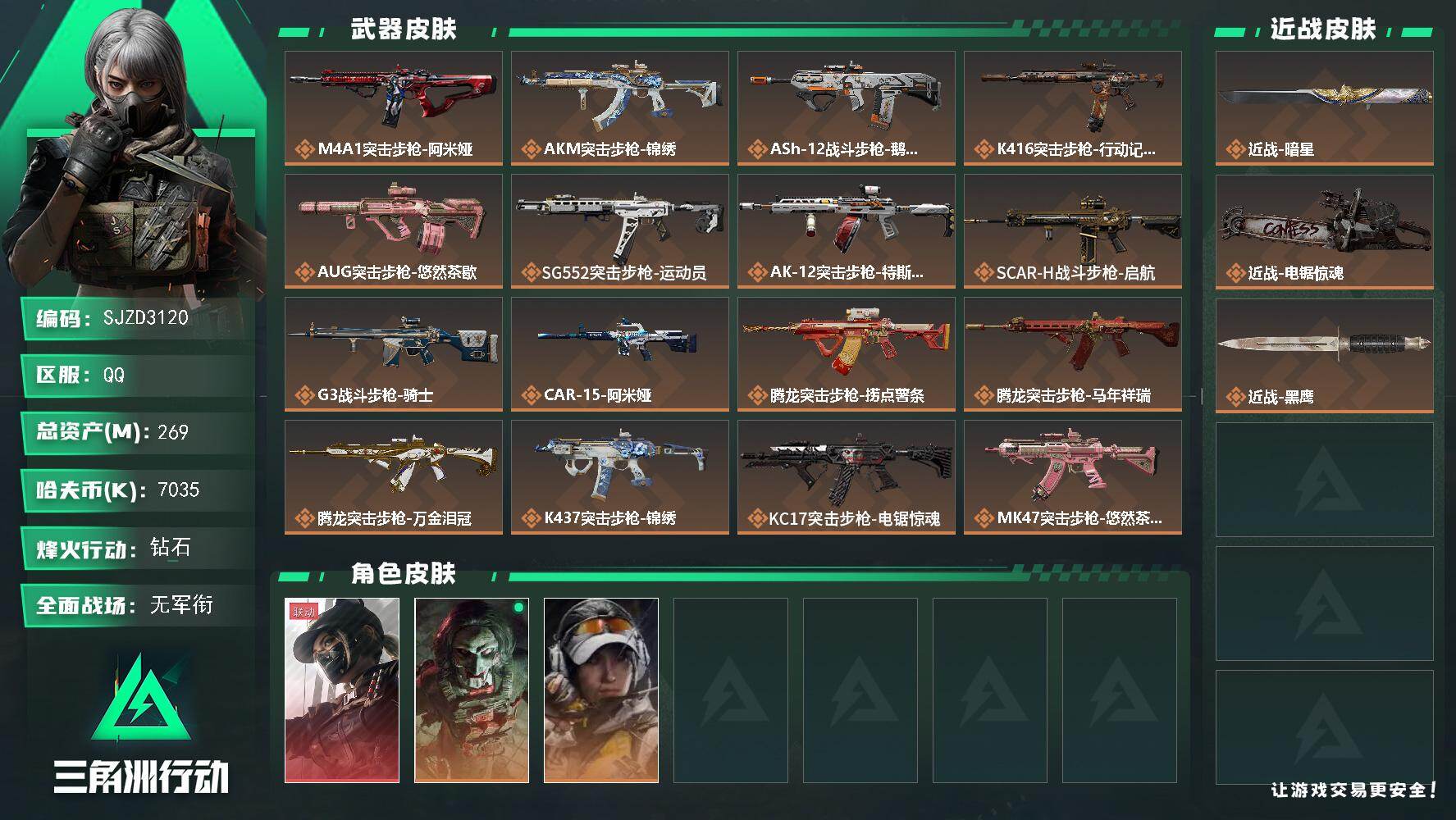 三角洲行动账号QQ【SJZD3120】总资产(M)：269M/哈夫币(K)：7035K/哈夫币(K)：7035K/传说