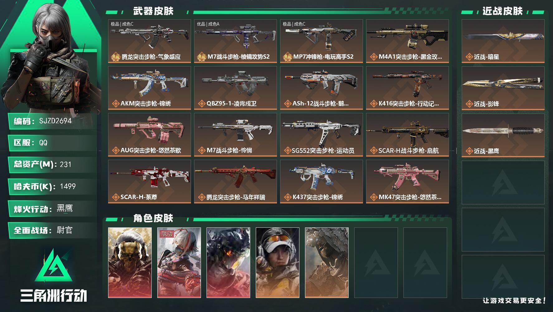 三角洲行动账号QQ【不挣钱原价卖系列 秒换绑】 231m总资产-1499k哈伏币-60烽火等级-黑鹰-42战场等级-尉