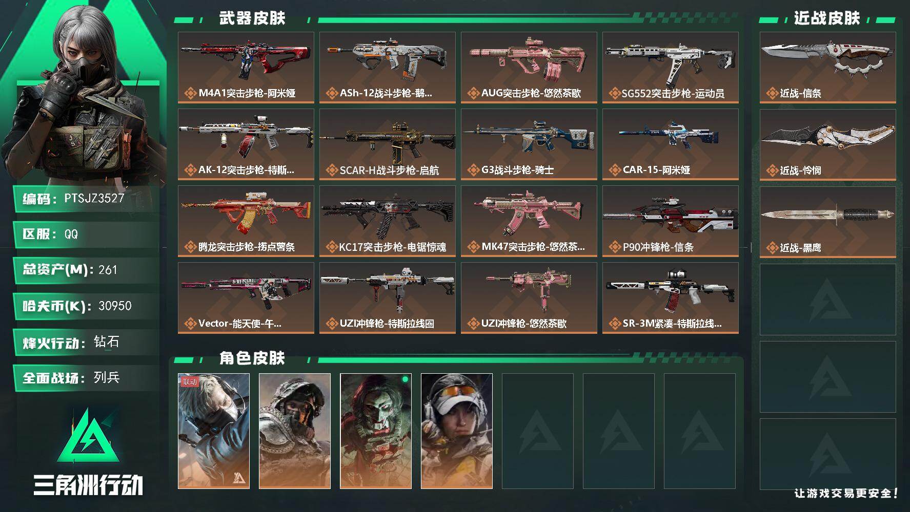 三角洲行动账号QQ【PTSJZ3527】总资产(M)：261M/哈夫币(K)：30950K/哈夫币(K)：30950K