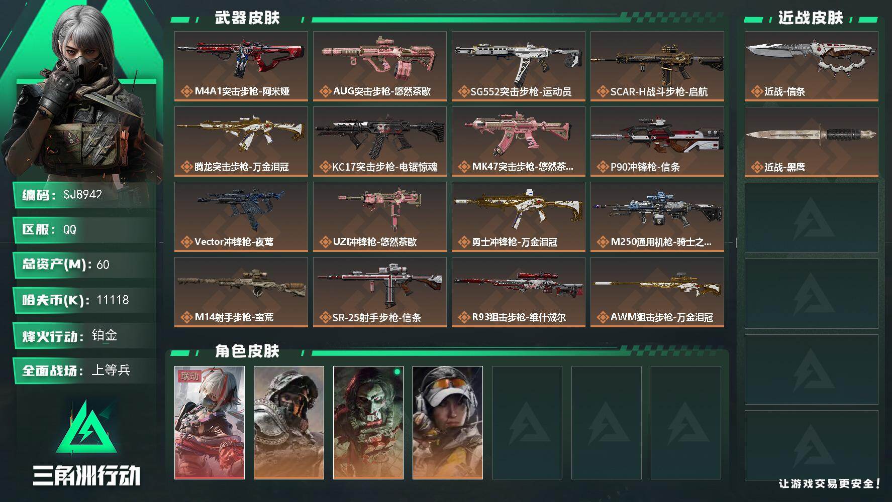 三角洲行动账号QQ【SJ8942】总资产(M)：60M/哈夫币(K)：11118K/哈夫币(K)：11118K/传说枪