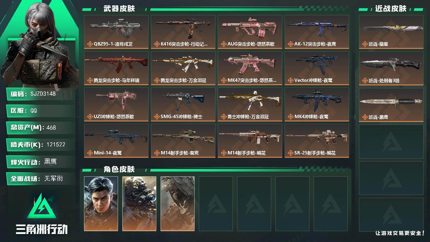 三角洲行动账号QQ【SJZD3148】总资产(M)：468M/哈夫币(K)：121522K/哈夫币(K)：121522
