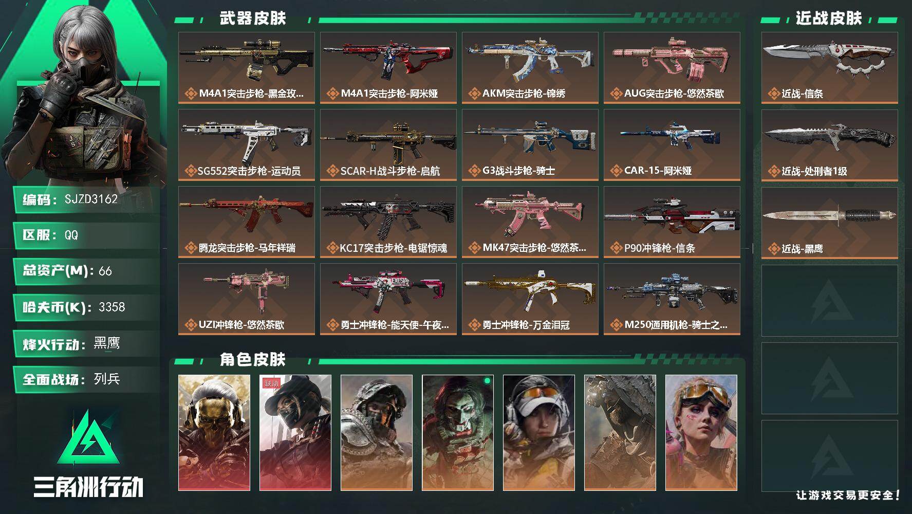三角洲行动账号QQ【SJZD3162】总资产(M)：66M/哈夫币(K)：3358K/哈夫币(K)：3358K/传说枪