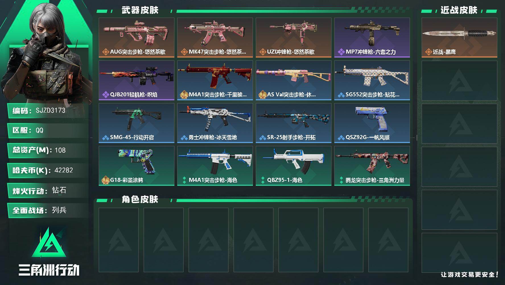 三角洲行动账号QQ【SJZD3173】总资产(M)：108M/哈夫币(K)：42282K/哈夫币(K)：42282K/传说枪皮数：3/全面战场等级：9_段位：列兵/烽火地带等级：55_段位：钻石/近战-黑鹰/AUG突