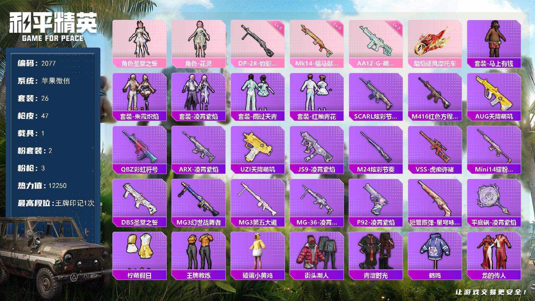 和平精英账号苹果微信【2077】df苹果 微信-【特价出售微区账号微信一切正常，新手小号，花灵】2粉装-3特效枪-1载具