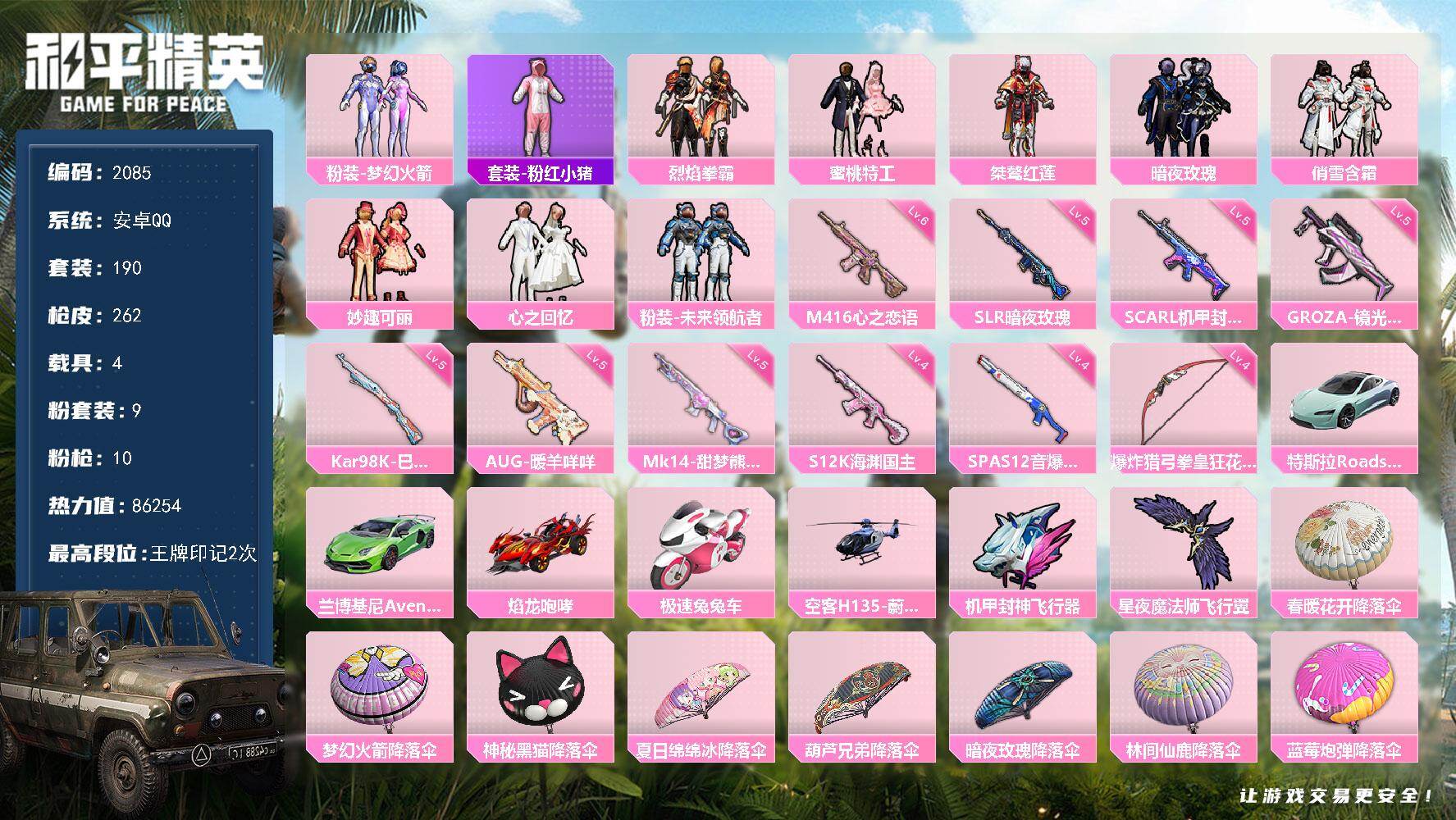 和平精英账号安卓QQ【2085】安卓 手Q-9粉装-10特效枪-4载具-2粉色飞行器-86254热力值-2王牌印记-19