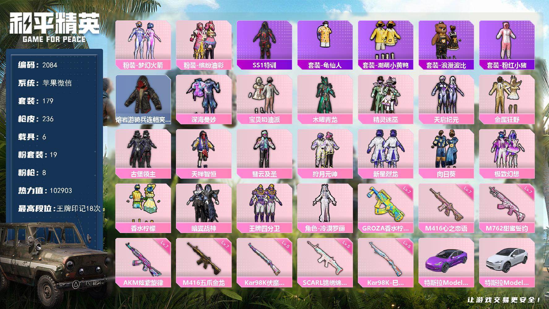 和平精英账号苹果微信6载具-179套装-236枪皮-【2084】df苹果 微信【精品素材号，身法号，男神公主混搭号，载具