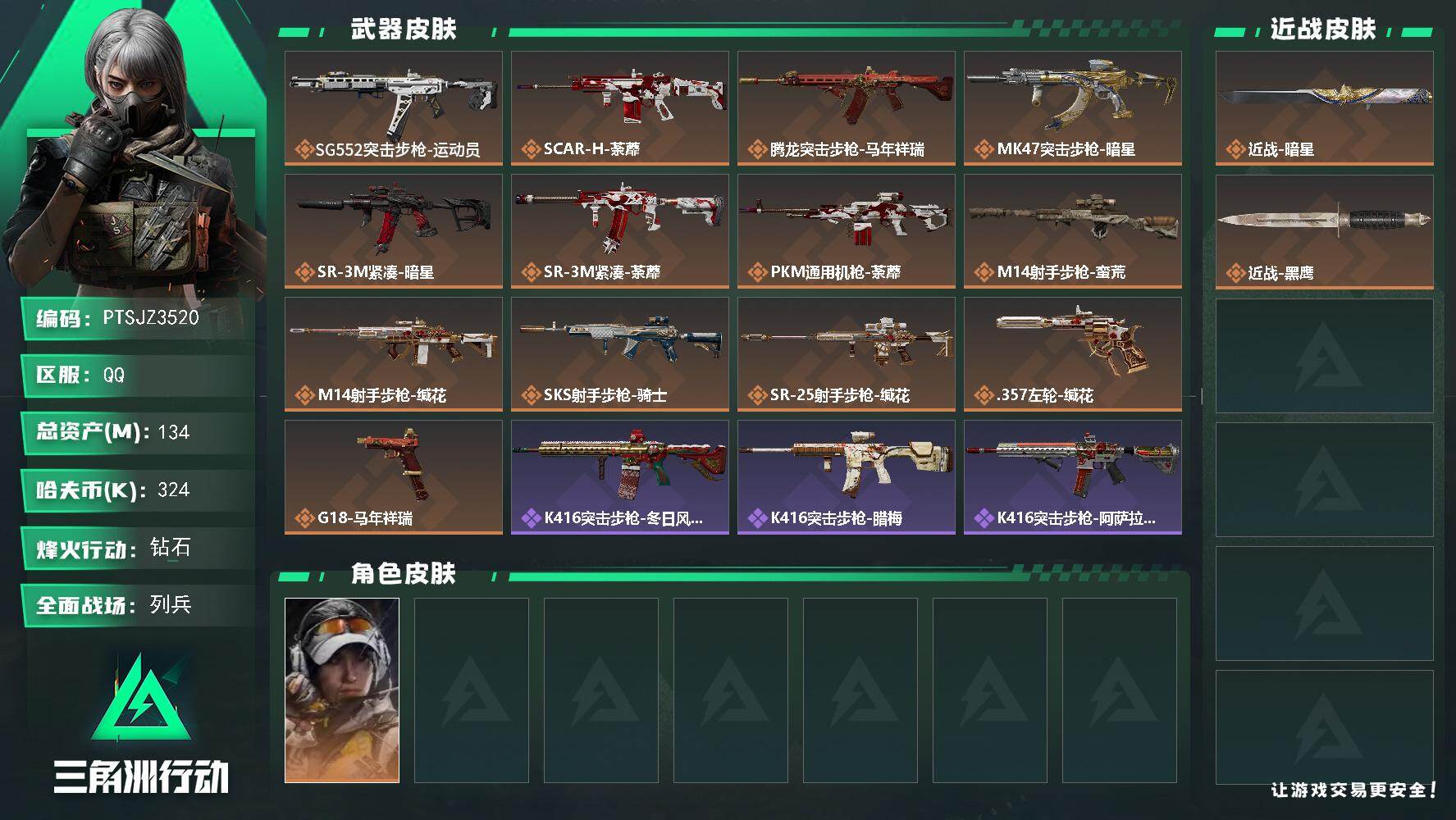 三角洲行动账号QQ【PTSJZ3520】总资产(M)：134M/哈夫币(K)：324K/哈夫币(K)：324K/传说枪