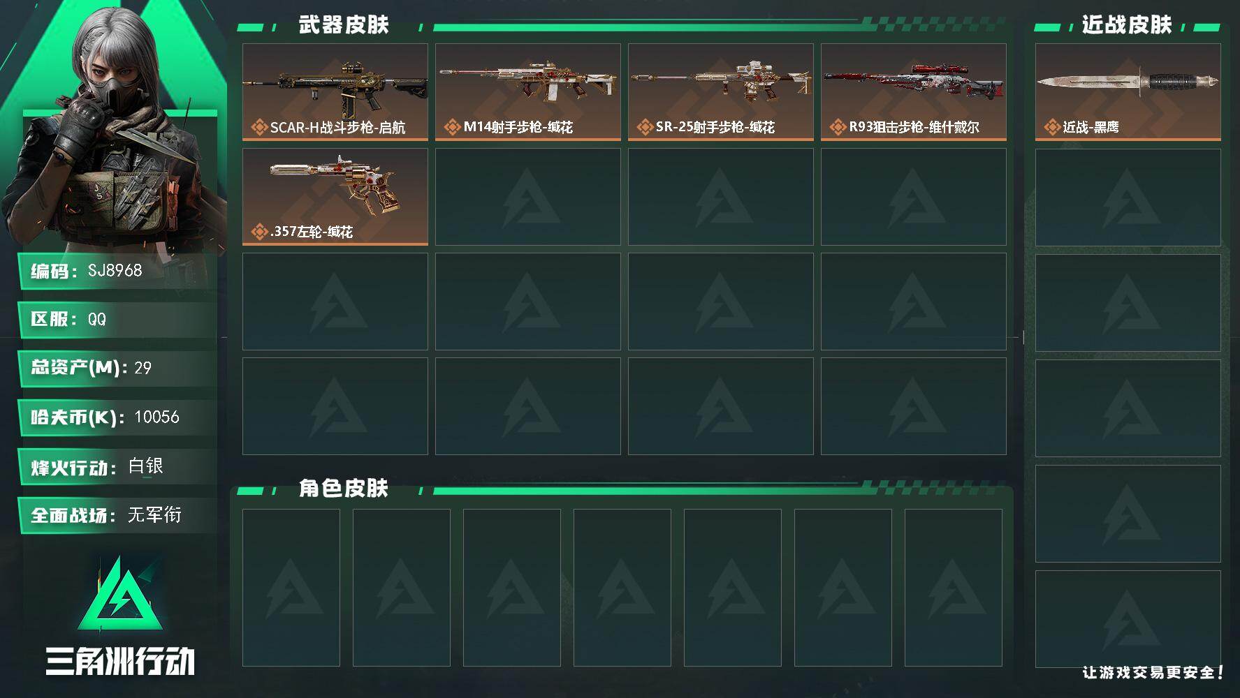 三角洲行动账号QQ【SJ8968】总资产(M)：29M/哈夫币(K)：10056K/哈夫币(K)：10056K/传说枪皮数：5/全面战场等级：1_段位：无段位/烽火地带等级：23_段位：白银/近战-黑鹰/SCAR-H
