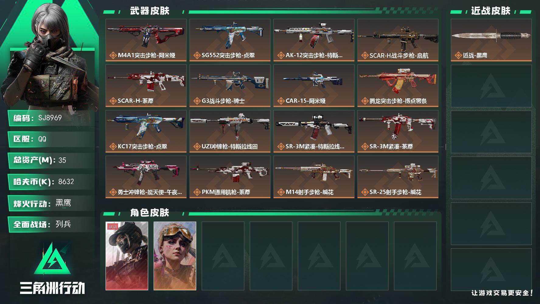 三角洲行动账号QQ【SJ8969】总资产(M)：35M/哈夫币(K)：8632K/哈夫币(K)：8632K/传说枪皮数：21/全面战场等级：12_段位：列兵/烽火地带等级：60_段位：黑鹰/露娜-黑·天际线/蛊-不羁