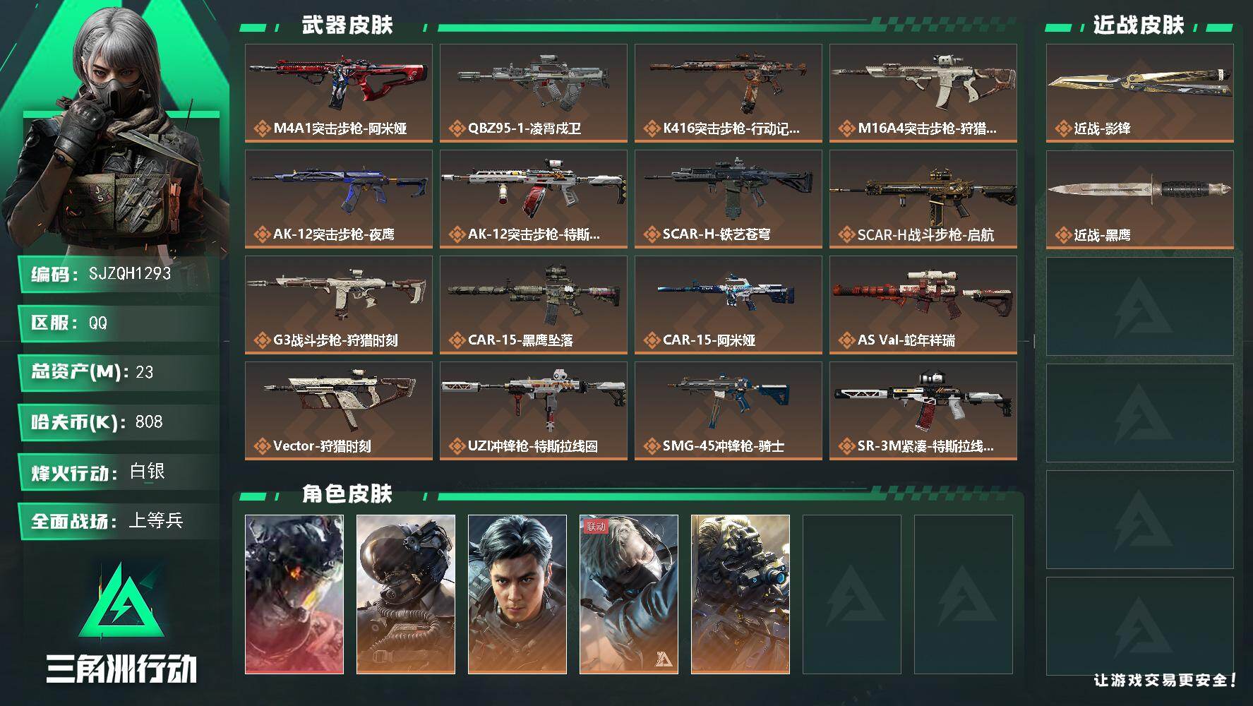 【SJZQH1293】总资产(M)：23M/哈夫币(K)：808K/哈夫币(K)：808K/传说枪皮数：26/全面战场等级：50_段位：上等兵/烽火地带等级：60_段位：白银/威龙-凌霄戍卫/威龙-