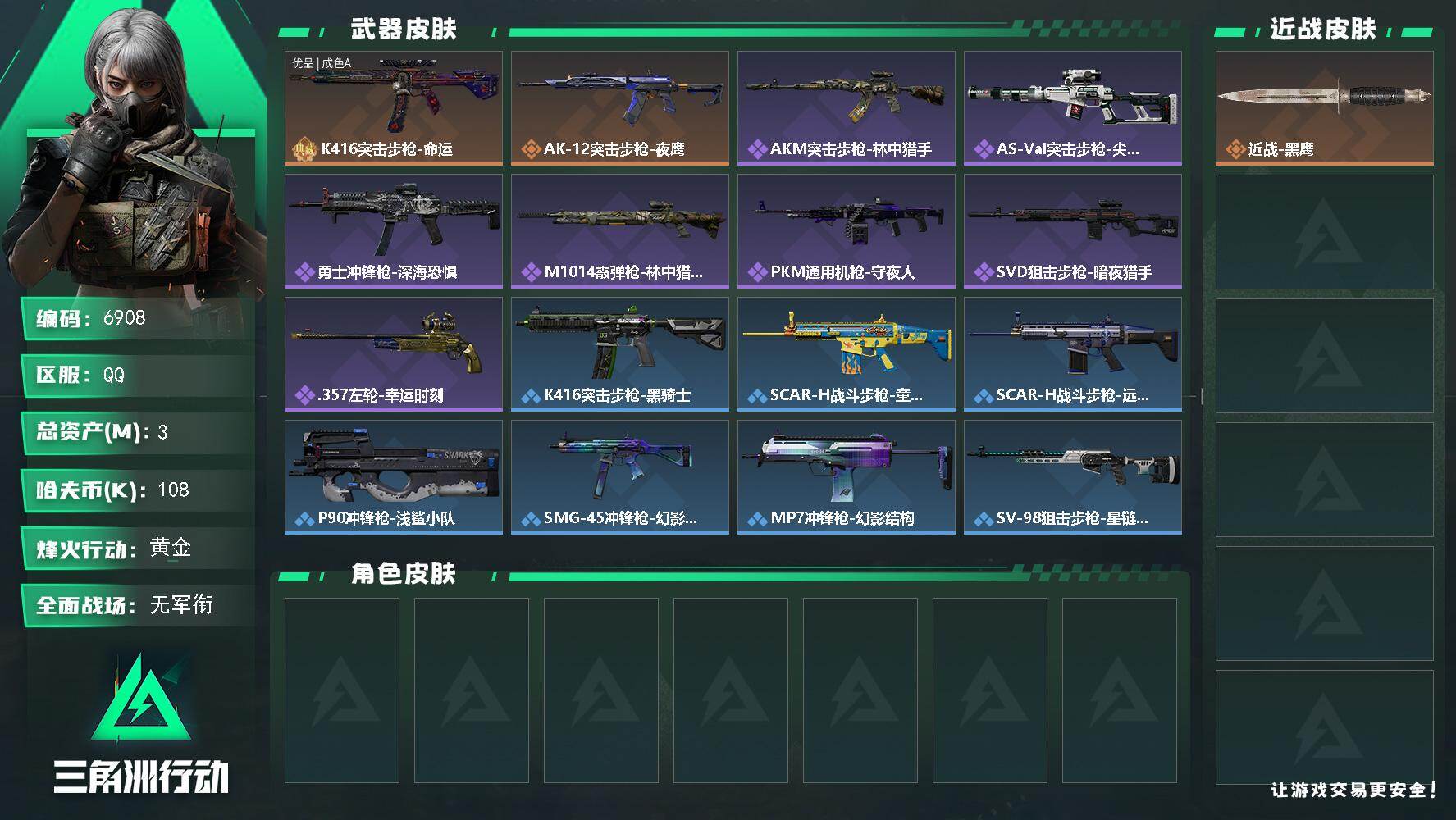 三角洲行动账号QQ总资产(M)：3M/哈夫币(K)：108K/哈夫币(K)：108K/传说枪皮数：2/全面战场等级：1