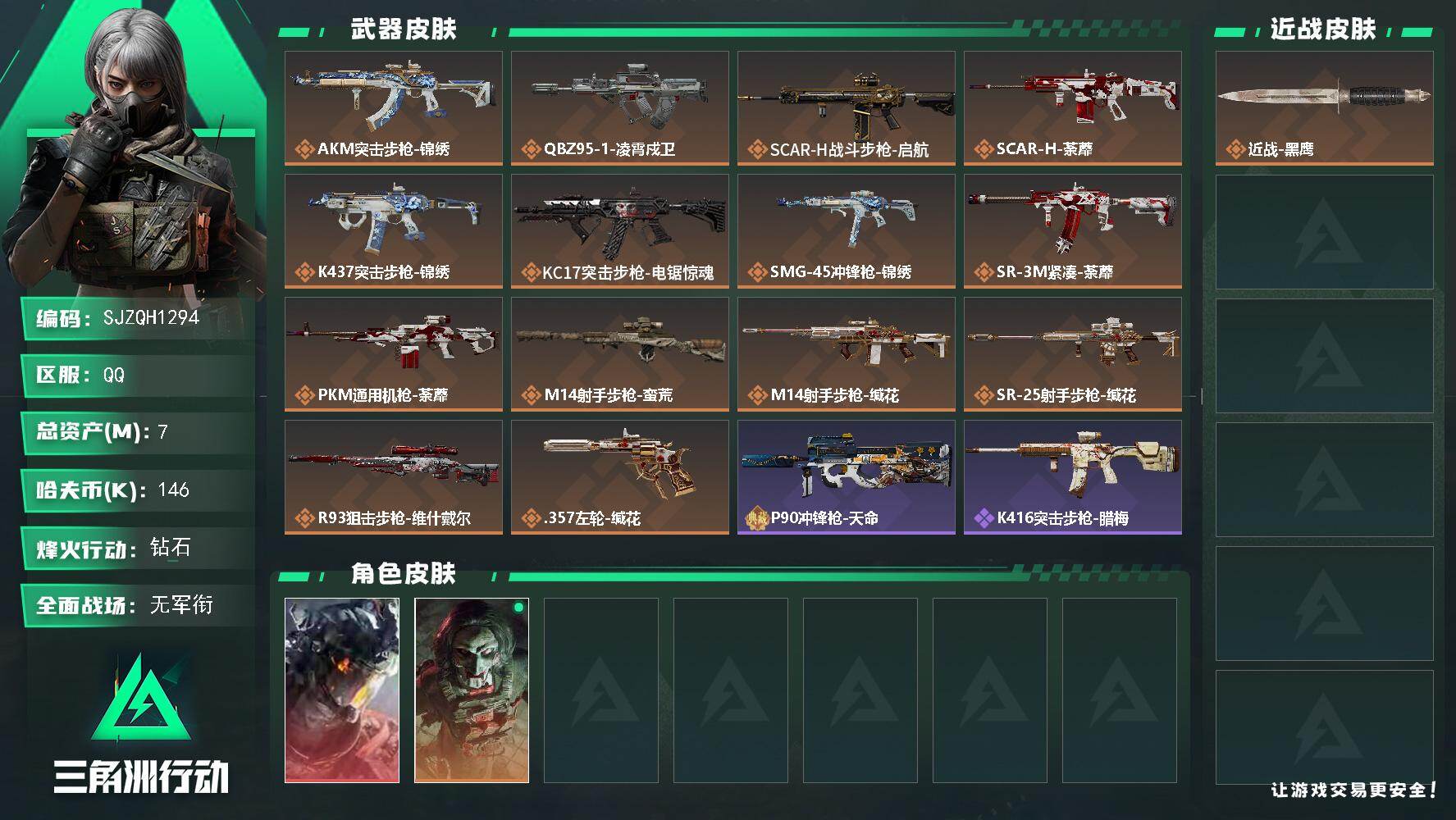 三角洲行动账号QQ【SJZQH1294】总资产(M)：7M/哈夫币(K)：146K/哈夫币(K)：146K/传说枪皮数