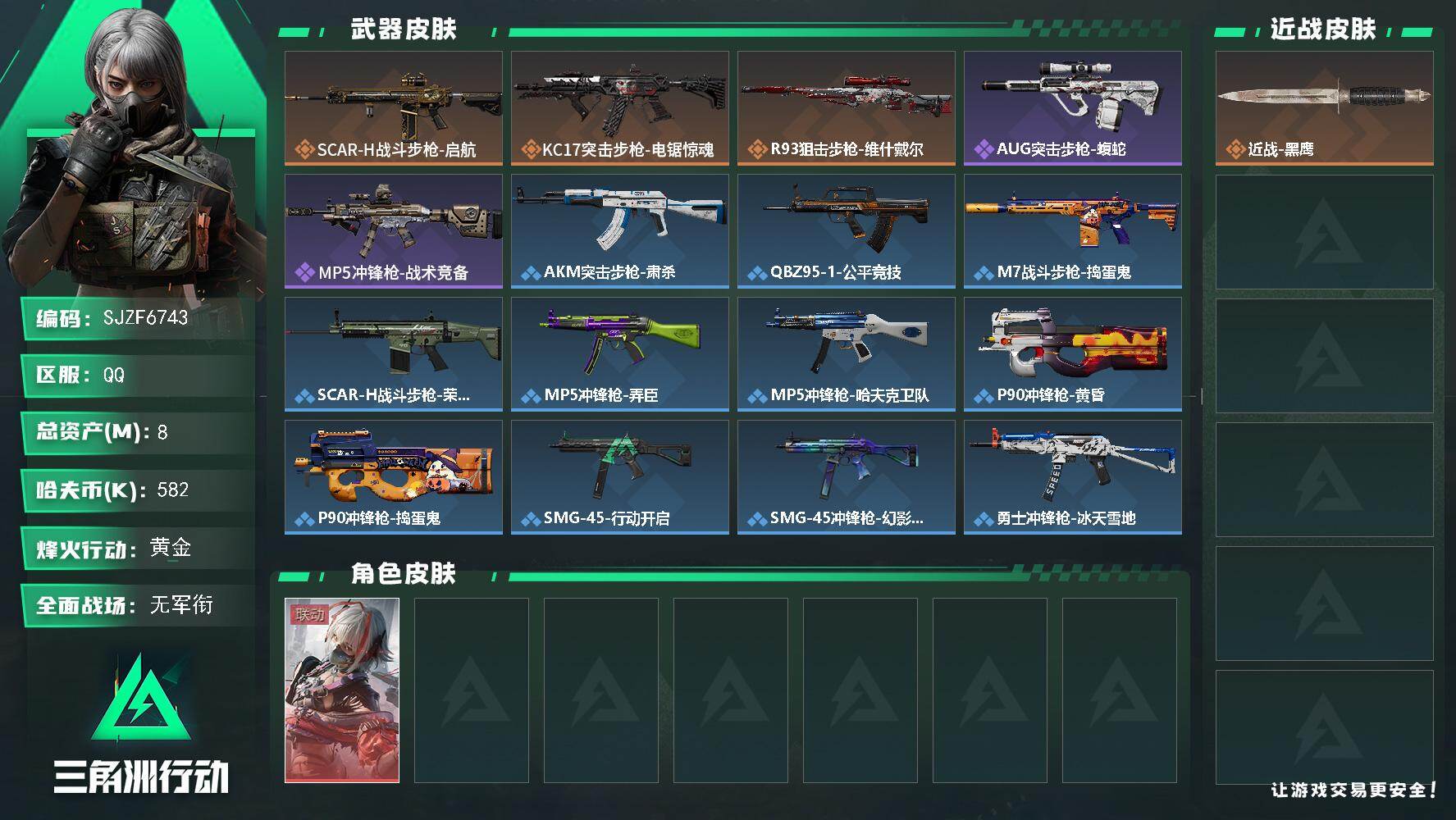 三角洲行动账号QQ【SJZF6743】总资产(M)：8M/哈夫币(K)：582K/哈夫币(K)：582K/传说枪皮数：3/全面战场等级：5_段位：无段位/烽火地带等级：60_段位：黄金/骇爪-维什戴尔/近战-黑鹰/S