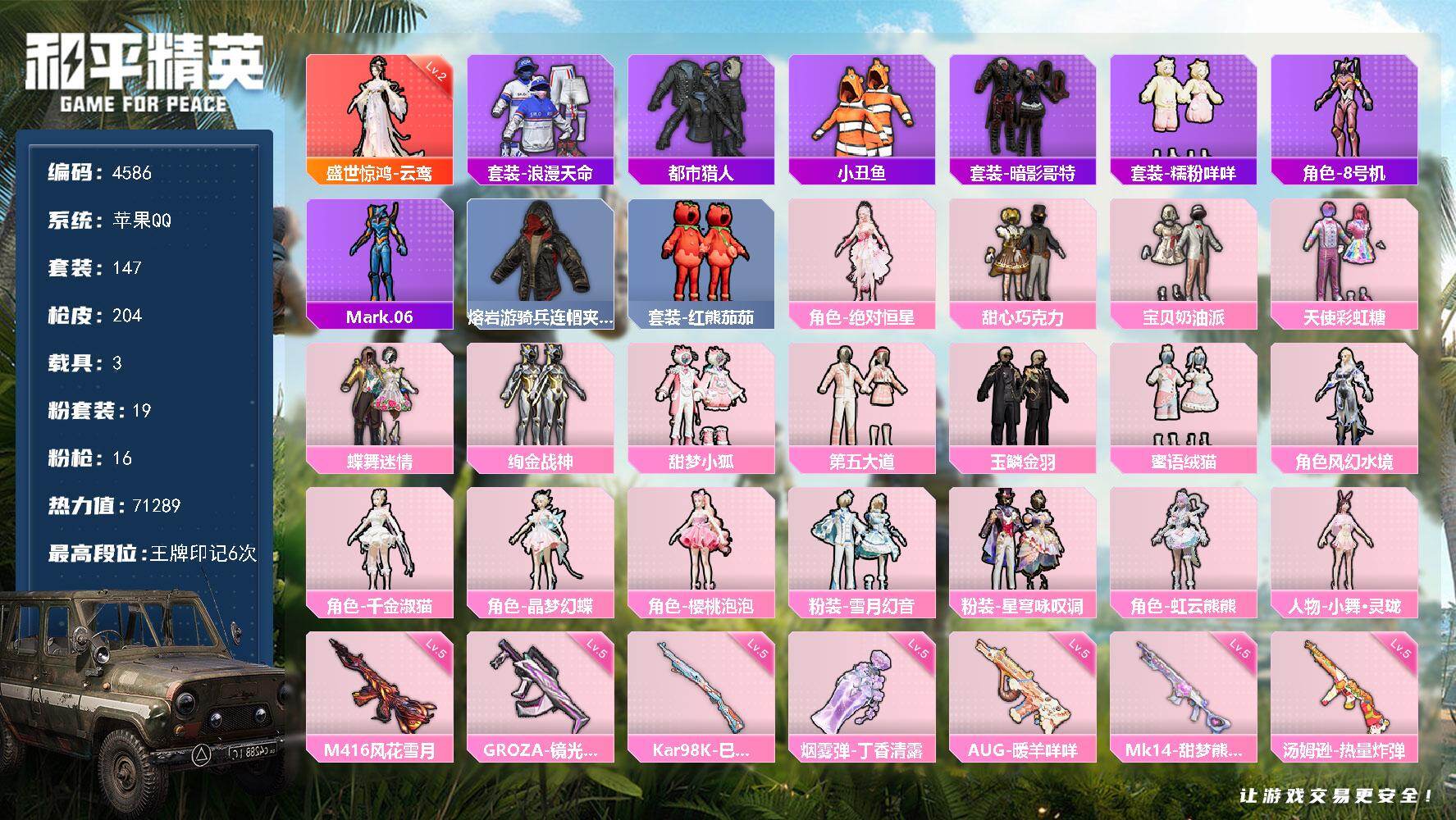 和平精英账号苹果QQ147套装/枪械16/装备299/载具3/战备154/王牌印记6/热力值71289/三级SCAR-L