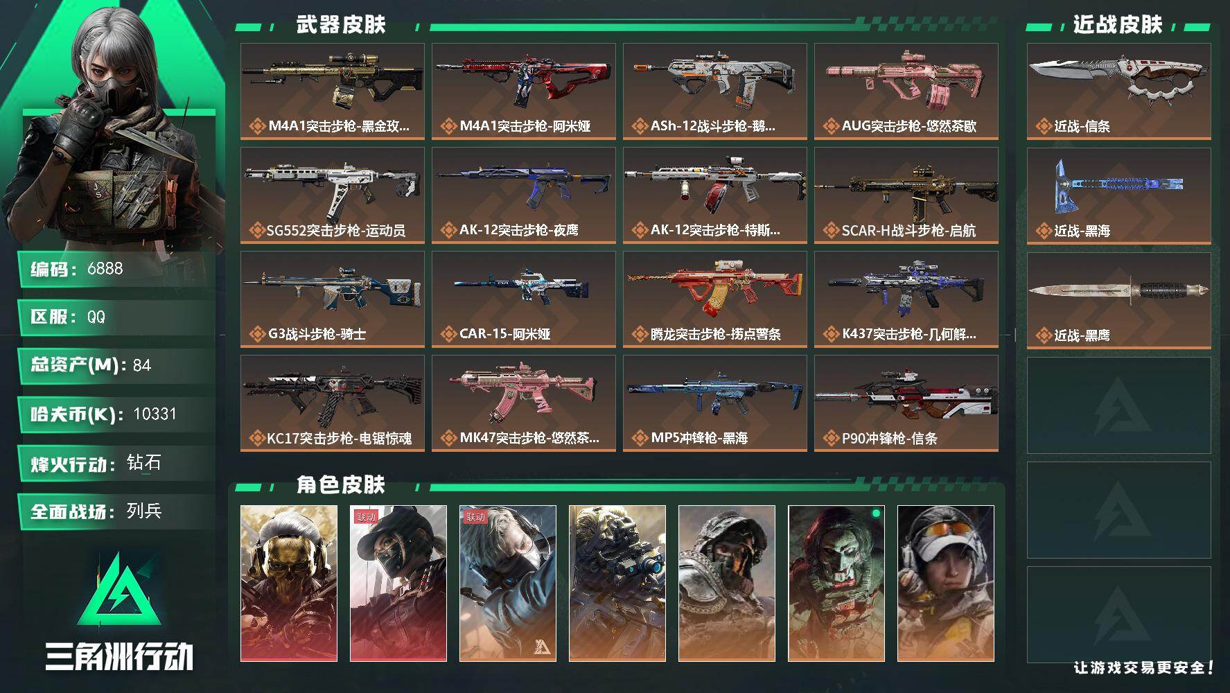 三角洲行动账号QQ总资产(M)：84M/哈夫币(K)：10331K/哈夫币(K)：10331K/传说枪皮数：34/全面