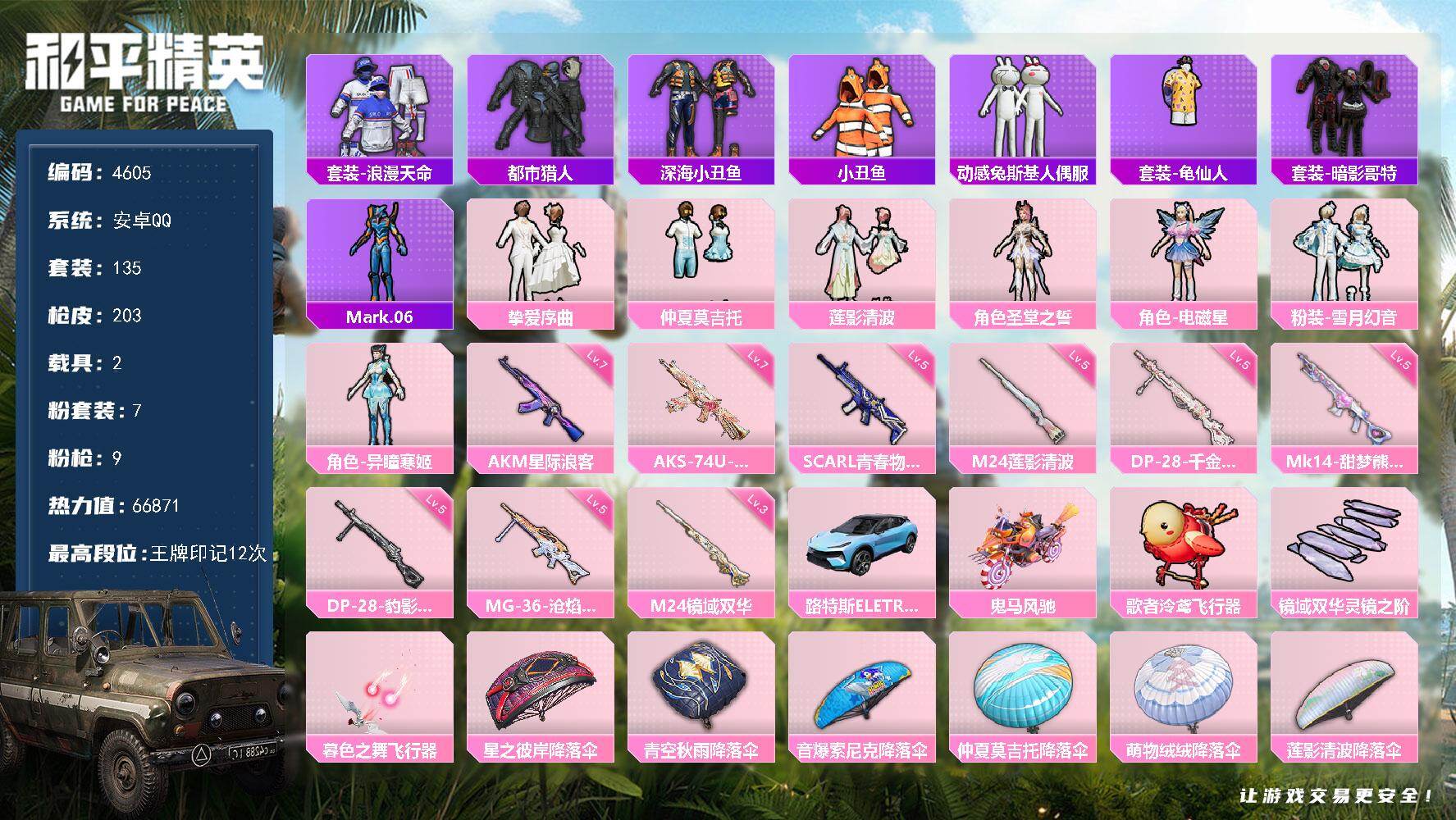 和平精英账号安卓QQ135套装/枪械9/装备253/载具2/战备145/王牌印记12/热力值66871/七级AKM-星际