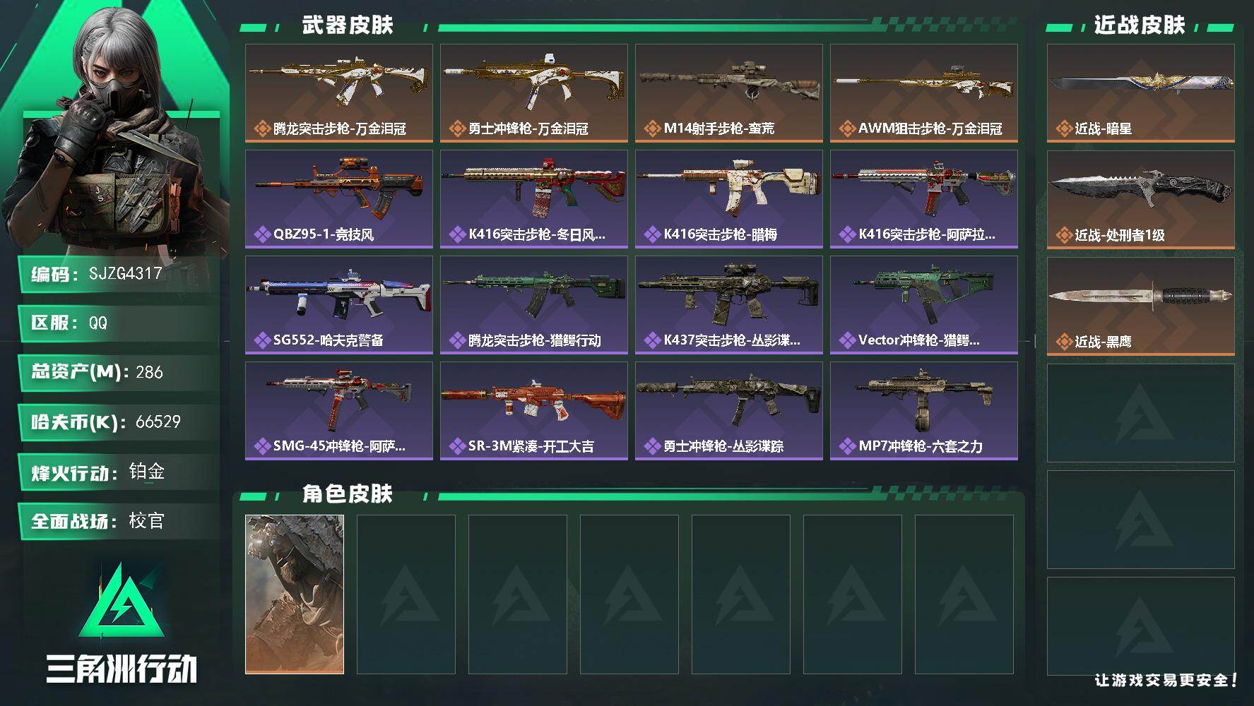 三角洲行动账号QQ【SJZG4317】总资产(M)：286M/哈夫币(K)：66529K/哈夫币(K)：66529K/传说枪皮数：4/全面战场等级：50_段位：校官/烽火地带等级：60_段位：铂金/乌鲁鲁-荒原猎手/