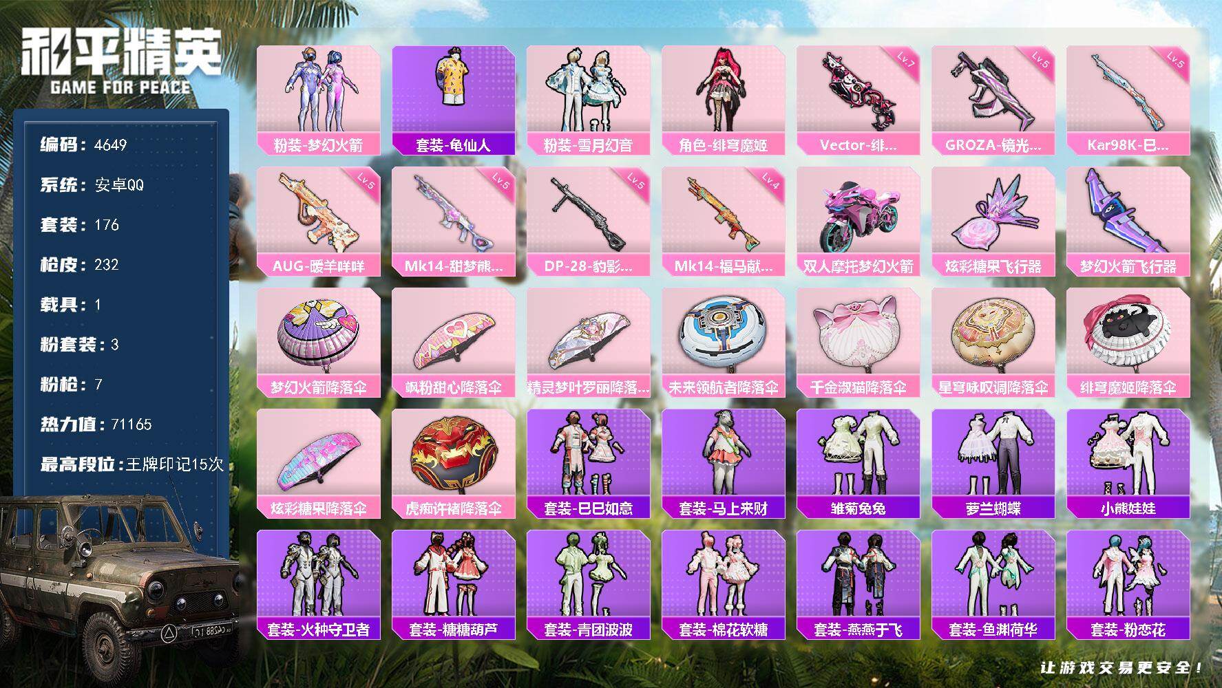 和平精英账号安卓QQ176套装/枪械7/装备286/载具1/战备169/王牌印记15/热力值71165/五级GROZA-