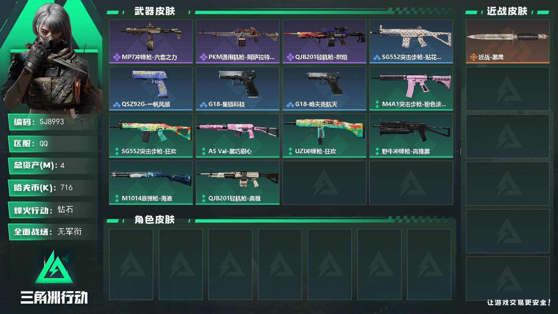 三角洲行动账号QQ【SJ8993】总资产(M)：4M/哈夫币(K)：716K/哈夫币(K)：716K/全面战场等级：1_段位：无段位/烽火地带等级：28_段位：钻石/近战-黑鹰/MP7冲锋枪-六套之力/PKM通用机枪