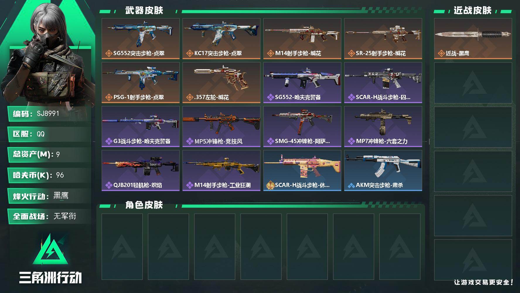 三角洲行动账号QQ【SJ8991】总资产(M)：9M/哈夫币(K)：96K/哈夫币(K)：96K/传说枪皮数：6/全面战场等级：1_段位：无段位/烽火地带等级：60_段位：黑鹰/近战-黑鹰/SG552突击步枪-点翠/