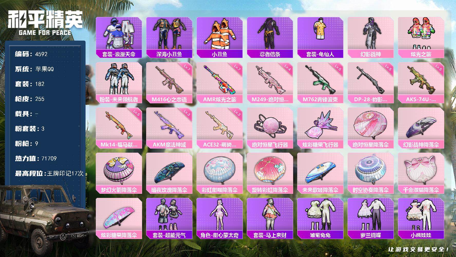 和平精英账号苹果QQ182套装/枪械9/装备309/战备184/王牌印记17/热力值71709/三级AKM-魔法神域/七