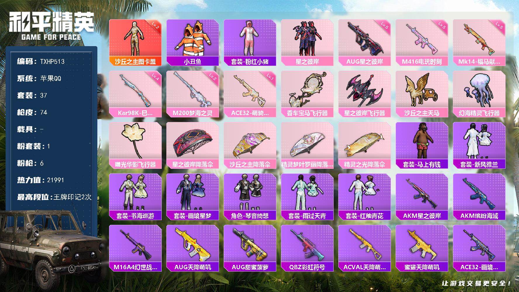 和平精英账号苹果QQ苹果 手Q-1神装-1粉装-6特效枪-0载具-6粉色飞行器-21991热力值-2王牌印记-37套装-