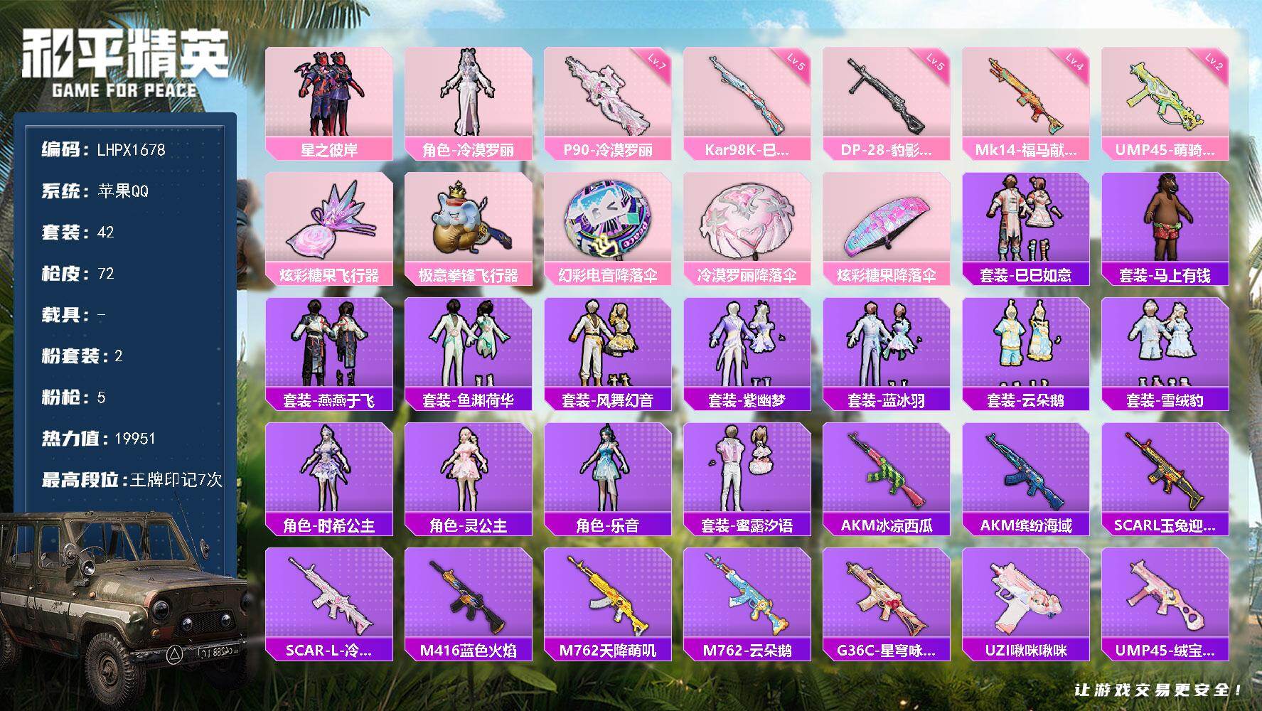 和平精英账号苹果QQ【特价出售/店主推荐】苹果 手Q-2粉装-5特效枪-2粉色飞行器-19951热力值-7王牌印记-42套装-72枪皮【粉色套装】：粉装-星之彼岸，角色-冷漠罗丽【粉色枪皮等级】：UMP45-萌骑冒险(