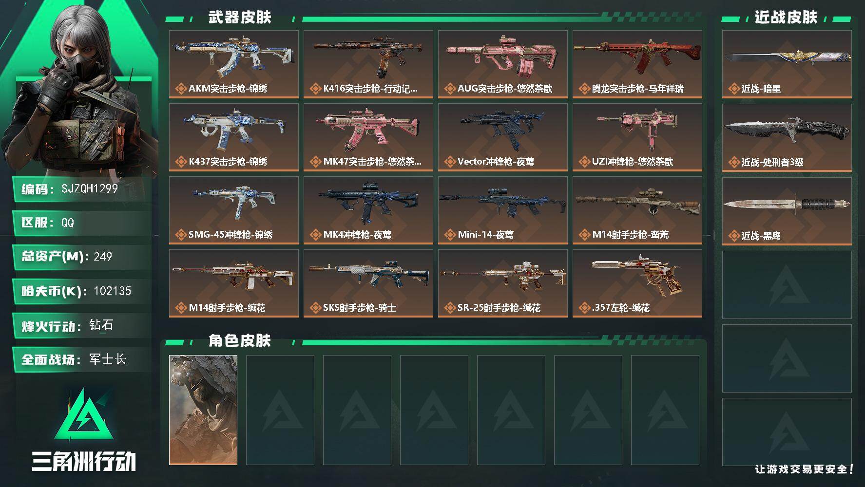 三角洲行动账号QQ【SJZQH1299】总资产(M)：249M/哈夫币(K)：102135K/哈夫币(K)：10213