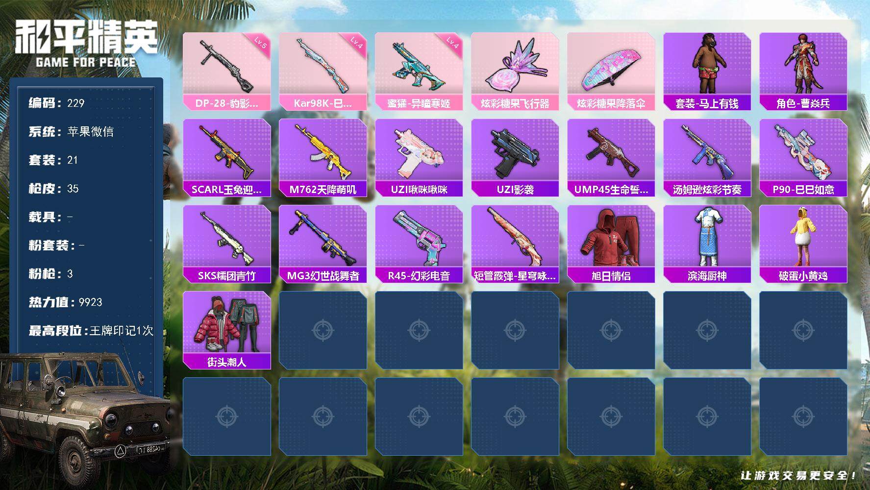 和平精英账号苹果微信苹果 微信-0粉装-3特效枪-0载具-1粉色飞行器-9923热力值-1王牌印记-21套装-35枪皮
