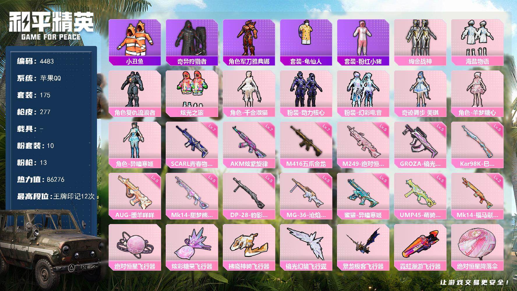 和平精英账号苹果QQ175套装/枪械13/装备347/战备187/王牌印记12/热力值86276/七级AKM-炫紫旋律/