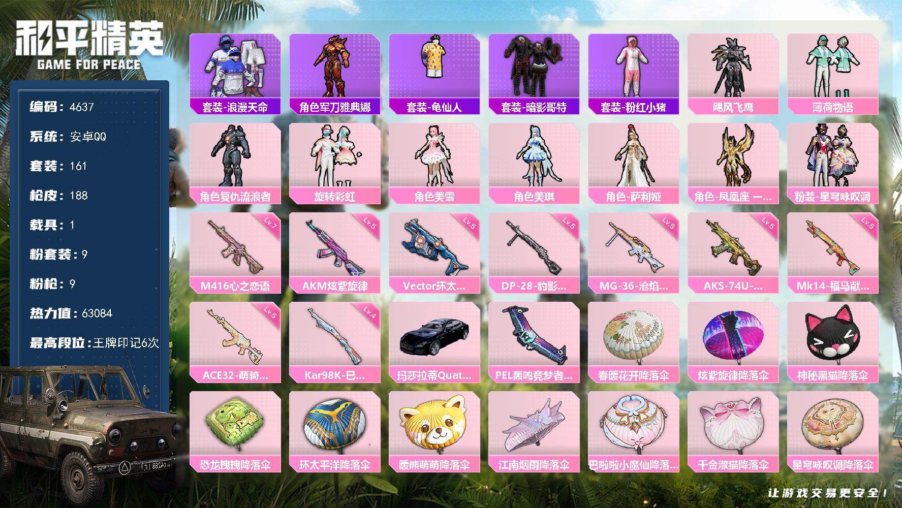 和平精英账号安卓QQ161套装/枪械9/装备214/载具1/战备125/王牌印记6/热力值63084/五级AKM-炫紫旋