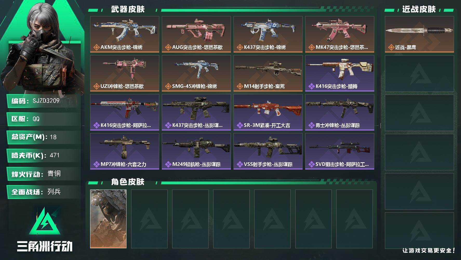 三角洲行动账号QQ【SJZD3209】总资产(M)：18M/哈夫币(K)：471K/哈夫币(K)：471K/传说枪皮数：7/全面战场等级：9_段位：列兵/烽火地带等级：60_段位：青铜/乌鲁鲁-荒原猎手/近战-黑鹰/