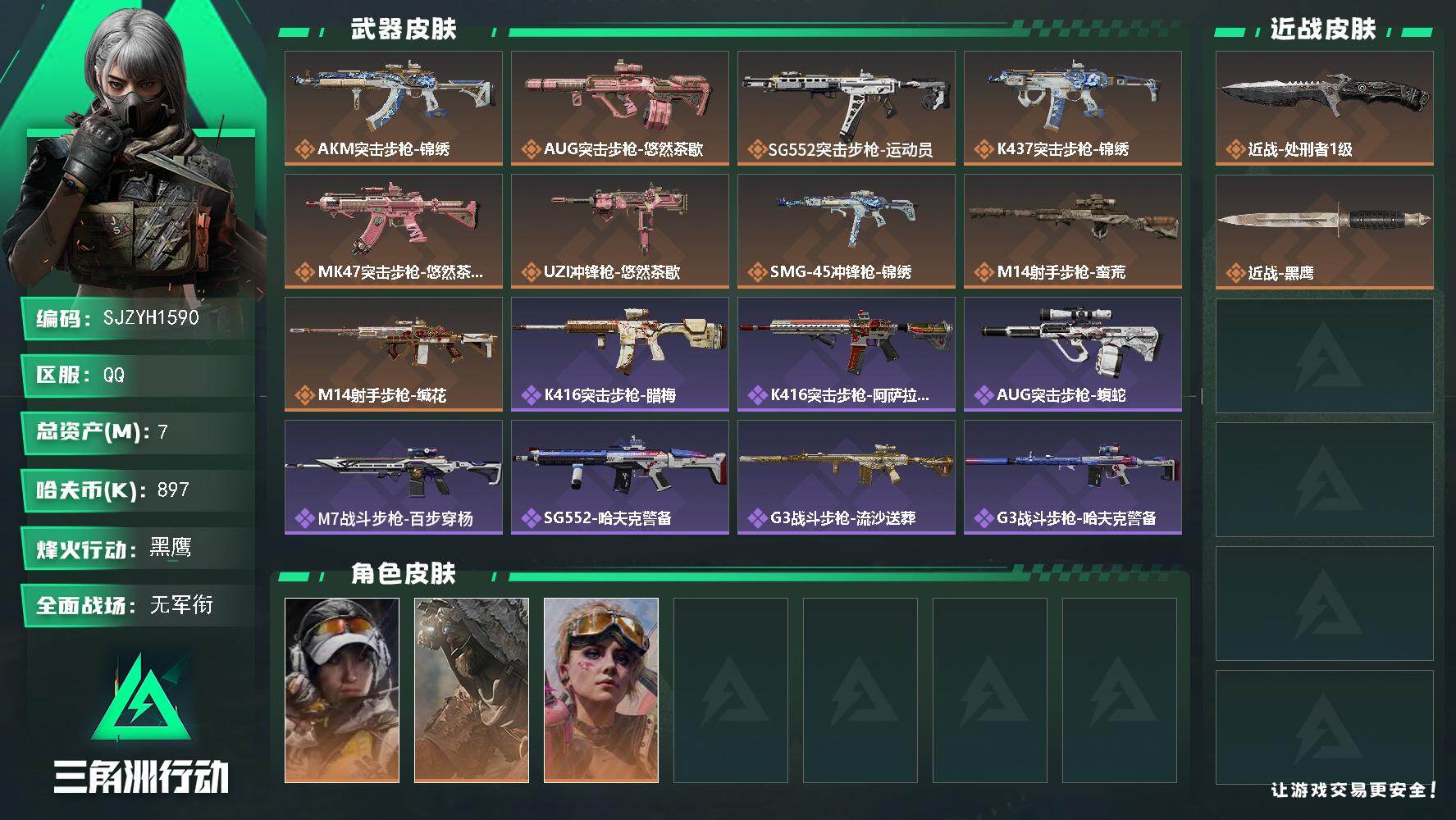 三角洲行动账号QQ【SJZYH1590】总资产(M)：7M/哈夫币(K)：897K/哈夫币(K)：897K/传说枪皮数：9/全面战场等级：1_段位：无段位/烽火地带等级：60_段位：黑鹰/露娜-金牌射手/乌鲁鲁-荒原