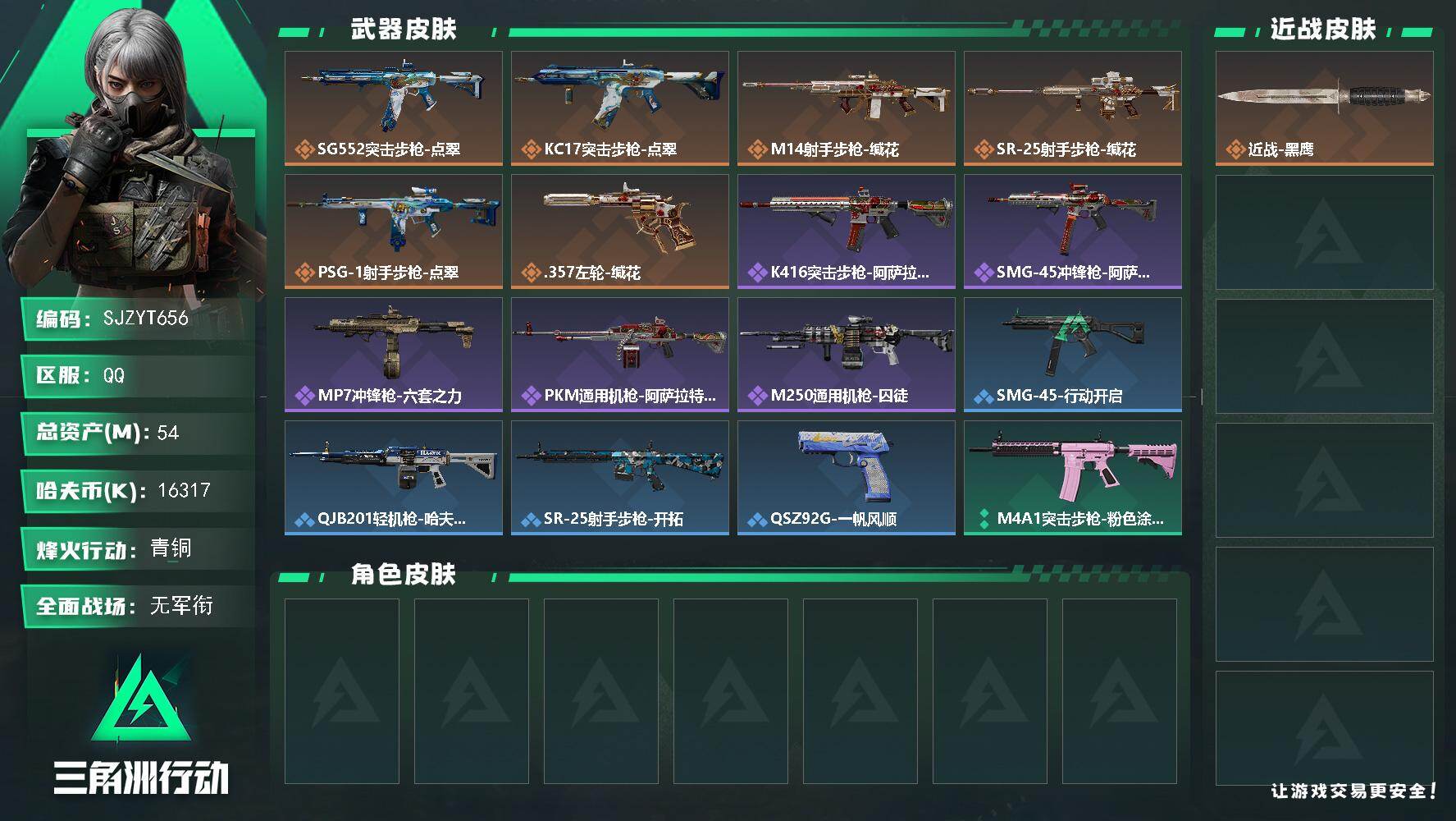 三角洲行动账号QQ【SJZYT656】总资产(M)：54M/哈夫币(K)：16317K/哈夫币(K)：16317K/传说枪皮数：6/全面战场等级：1_段位：无段位/烽火地带等级：31_段位：青铜/近战-黑鹰/SG55