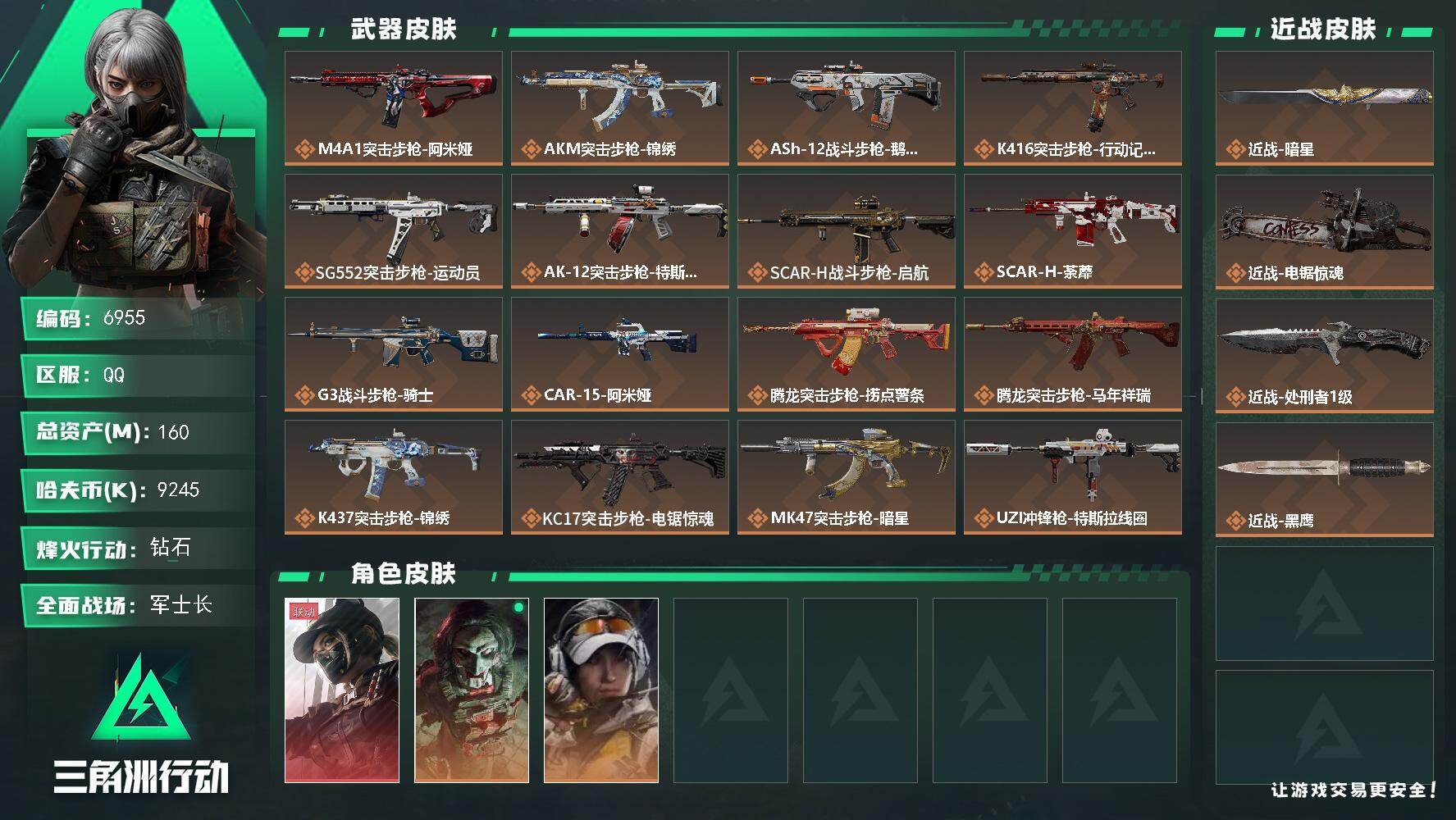 三角洲行动账号QQ总资产(M)：160M/哈夫币(K)：9245K/哈夫币(K)：9245K/传说枪皮数：34/全面战