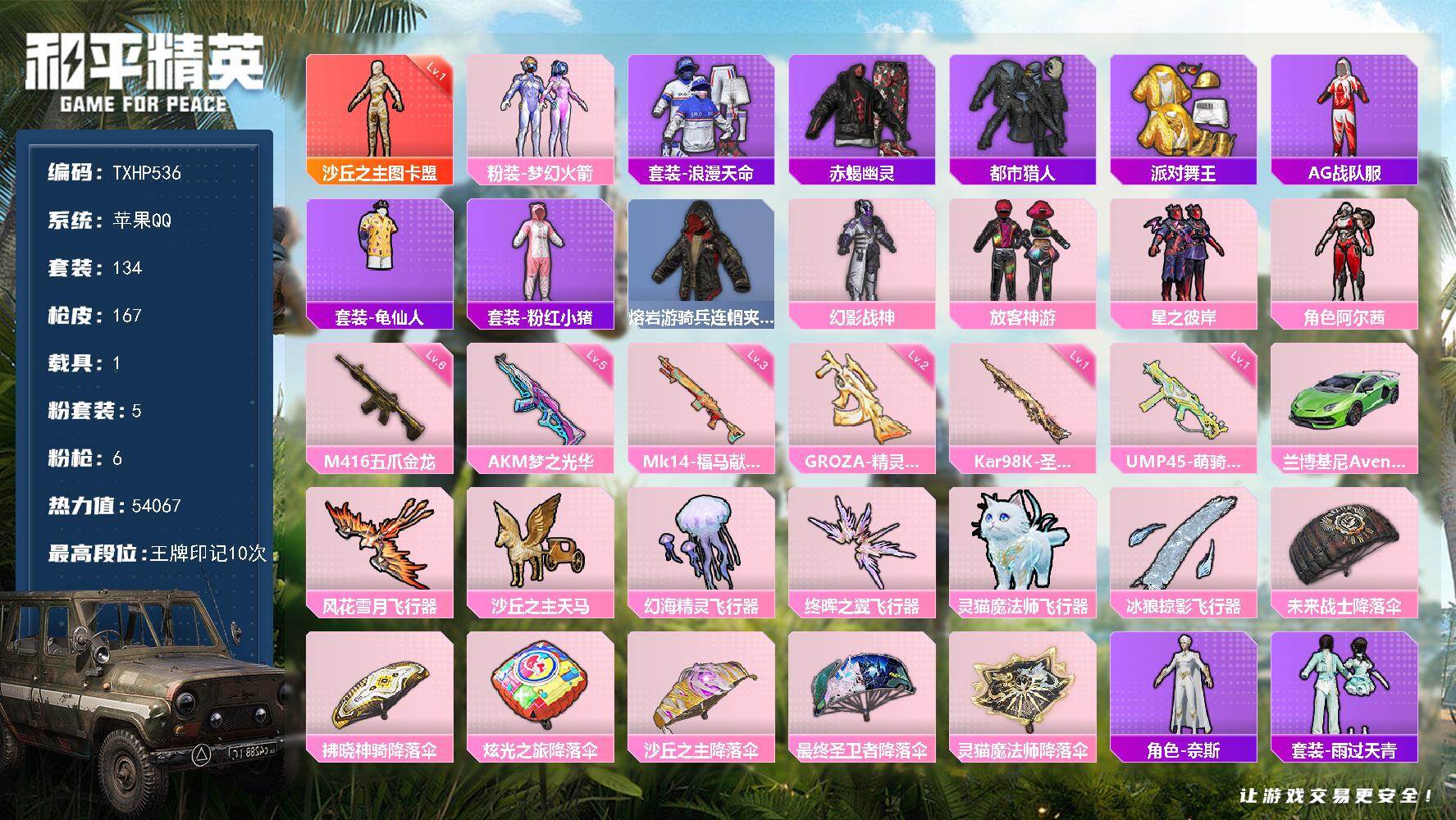 和平精英账号苹果QQ苹果 手Q-1神装-5粉装-6特效枪-1载具-6粉色飞行器-54067热力值-10王牌印记-134套
